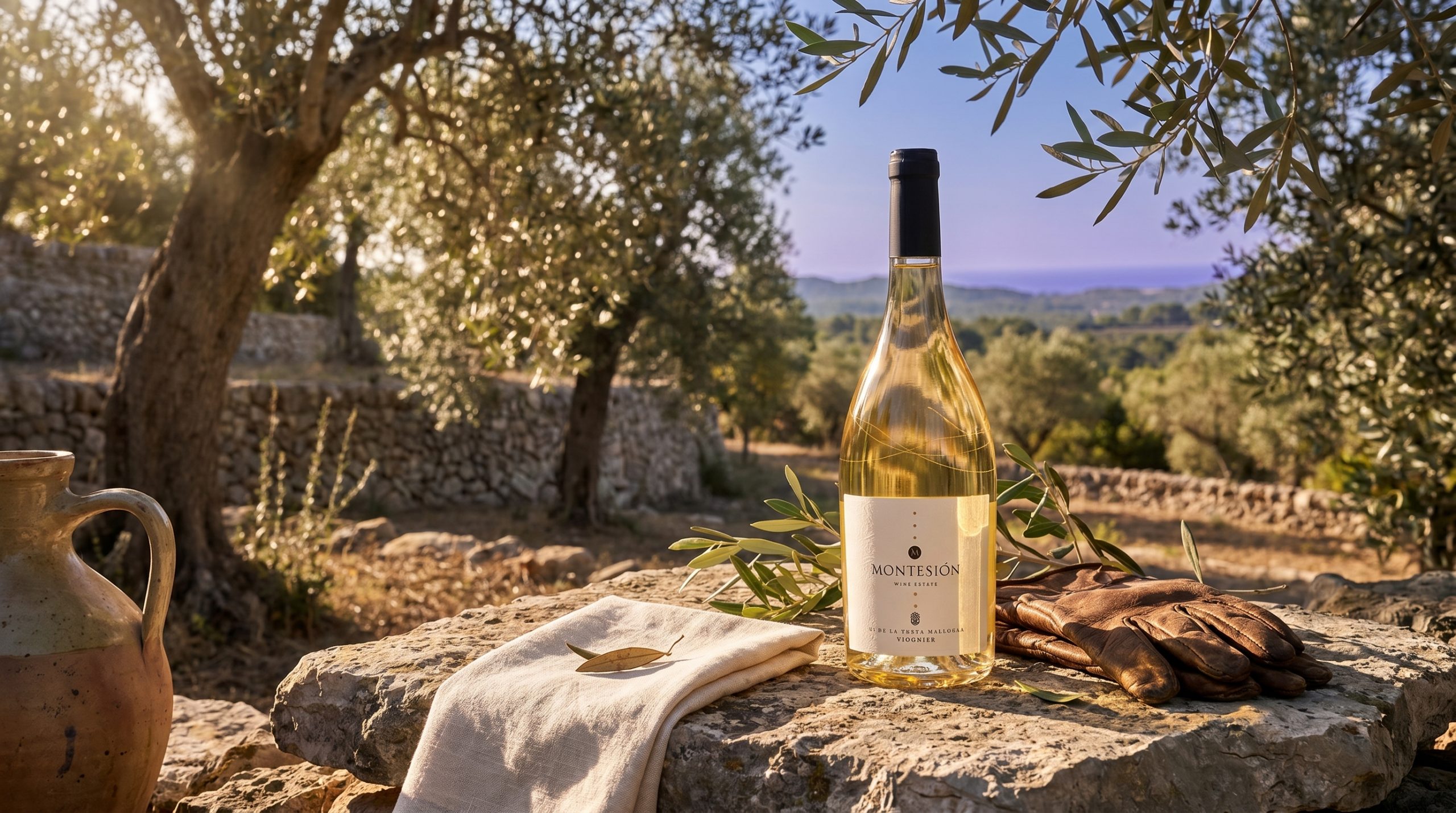mallorca wine terroir — Sun-drenched red clay vineyard in Mallorca, limestone rocks visible, vibrant Mediterranean light, natural biodynamic landscape, serene and earthy atmosphere.