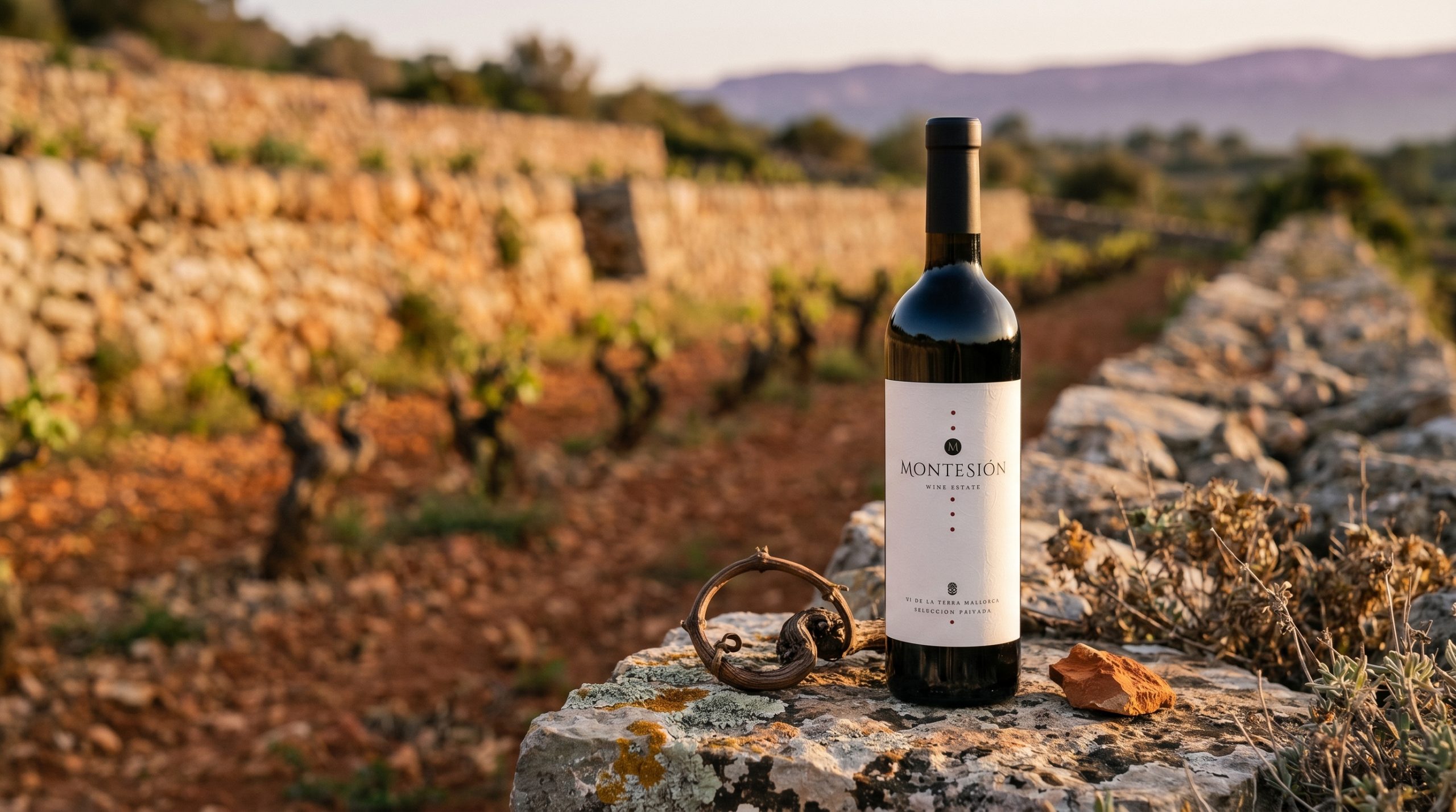 Mallorca wine tourism — Sun-drenched Mallorcan vineyard rows with limestone soil, vibrant green vines, Mediterranean blue sky, soft golden hour light, peaceful rural atmosphere.
