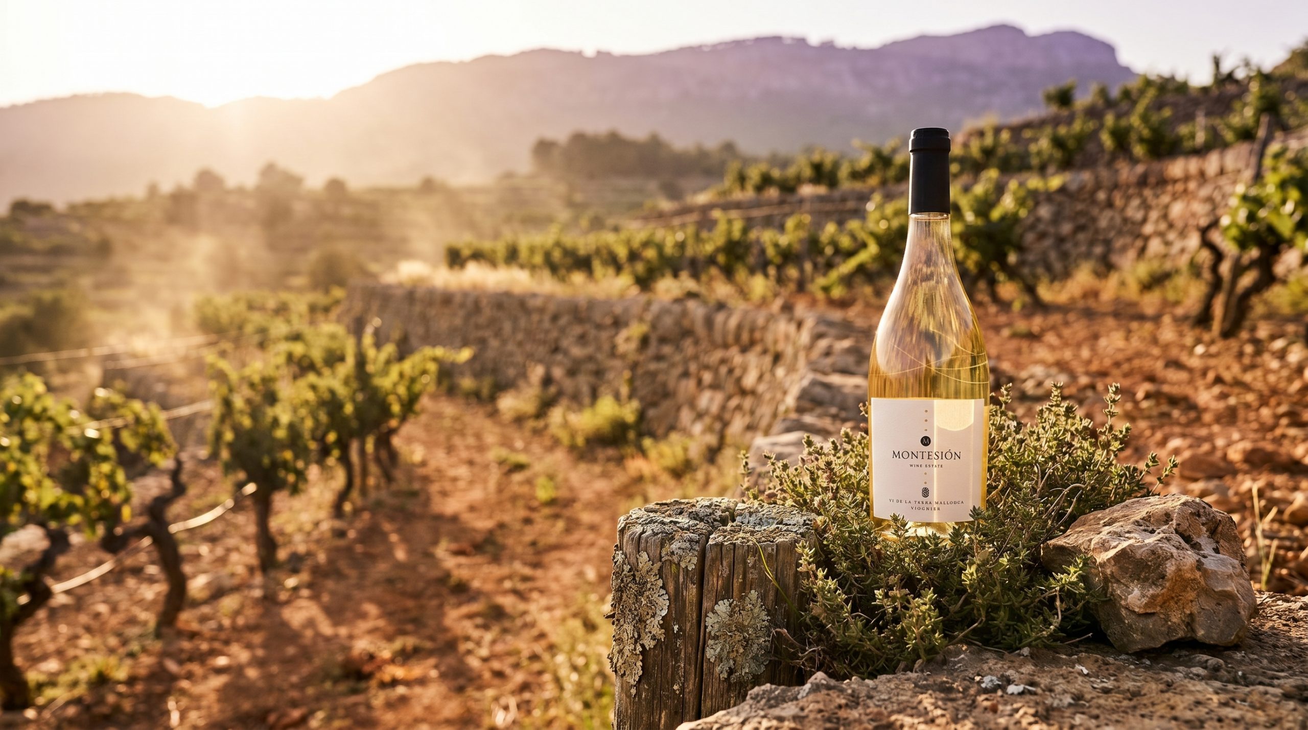 mallorcan white wine varieties — Sun-drenched limestone vineyard in Mallorca, soft Mediterranean light, rows of vines, vibrant green leaves, natural biodynamic landscape, serene and authentic atmosphere.