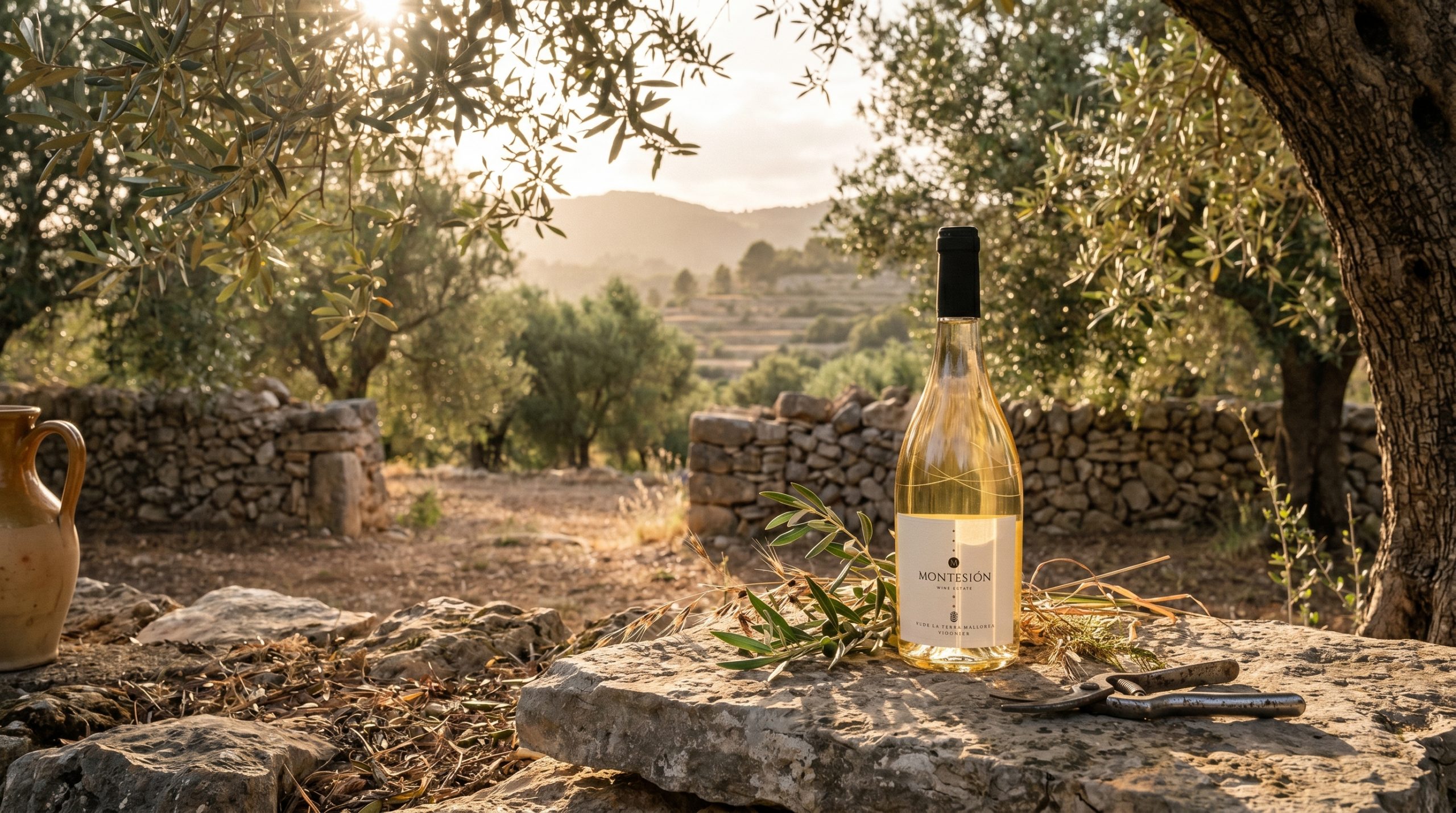 mediterranean viticulture — Sun-drenched limestone vineyard rows in Mallorca, vibrant green vines under a clear blue sky, soft coastal breeze, Mediterranean terroir, natural and serene atmosphere.