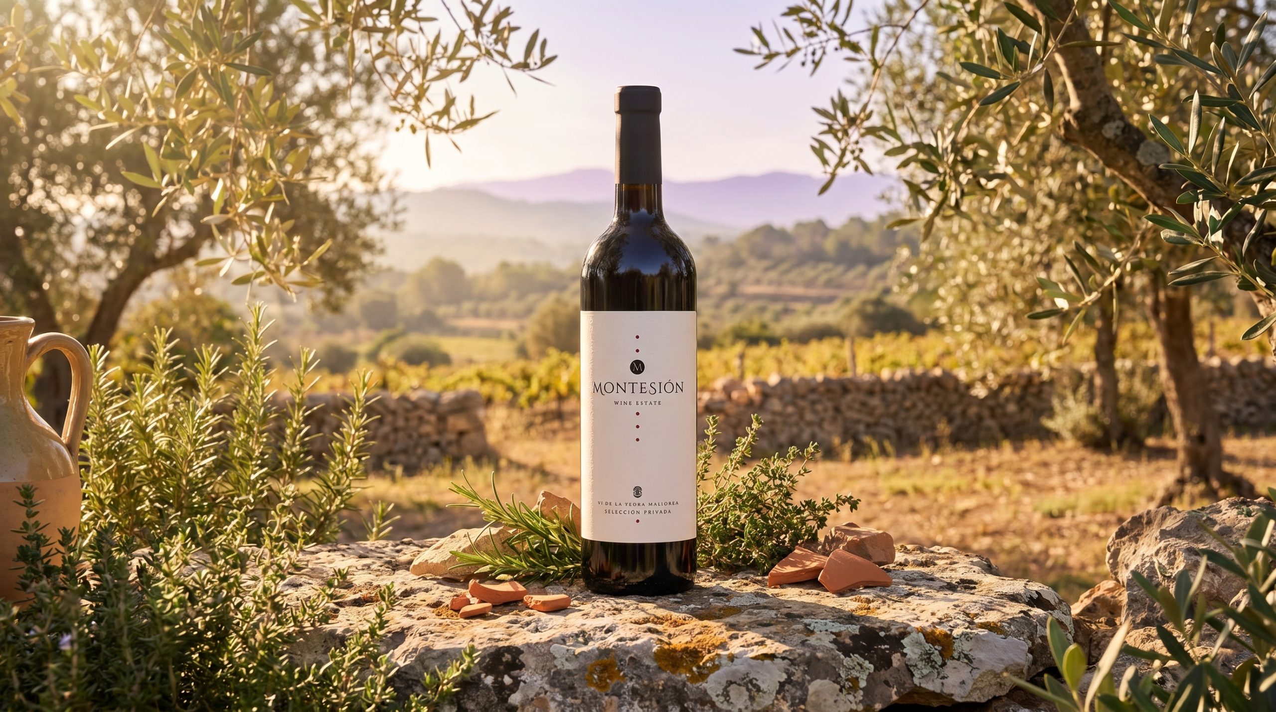 old vineyards Mallorca — Ancient, gnarled vines in a sun-drenched Mallorcan vineyard, rocky limestone soil, golden hour light, serene and timeless atmosphere.