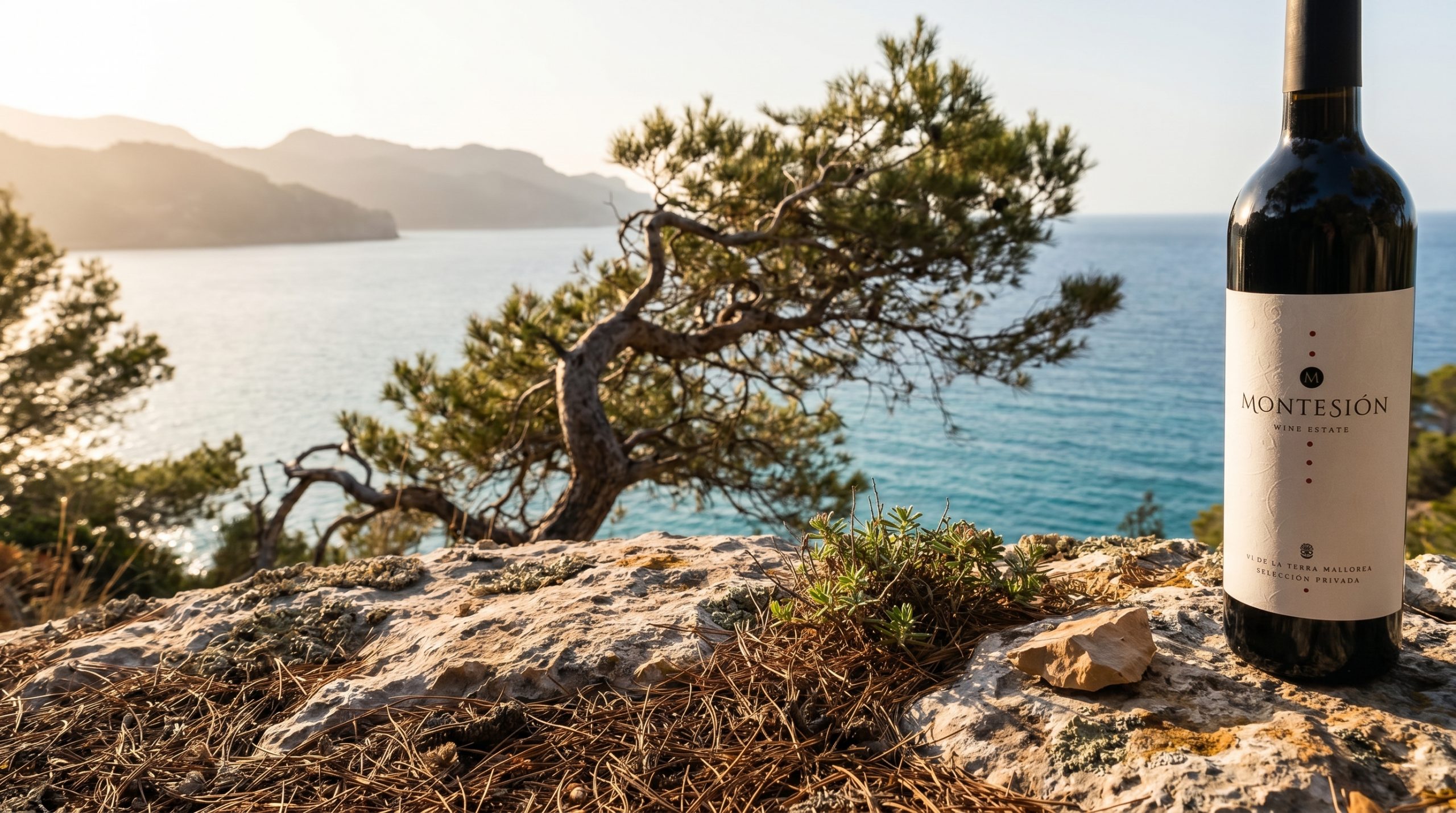 organic wine labeling — Sun-drenched Mediterranean vineyard rows in Mallorca, vibrant green vines, rich soil, soft morning light, peaceful and authentic agricultural atmosphere.