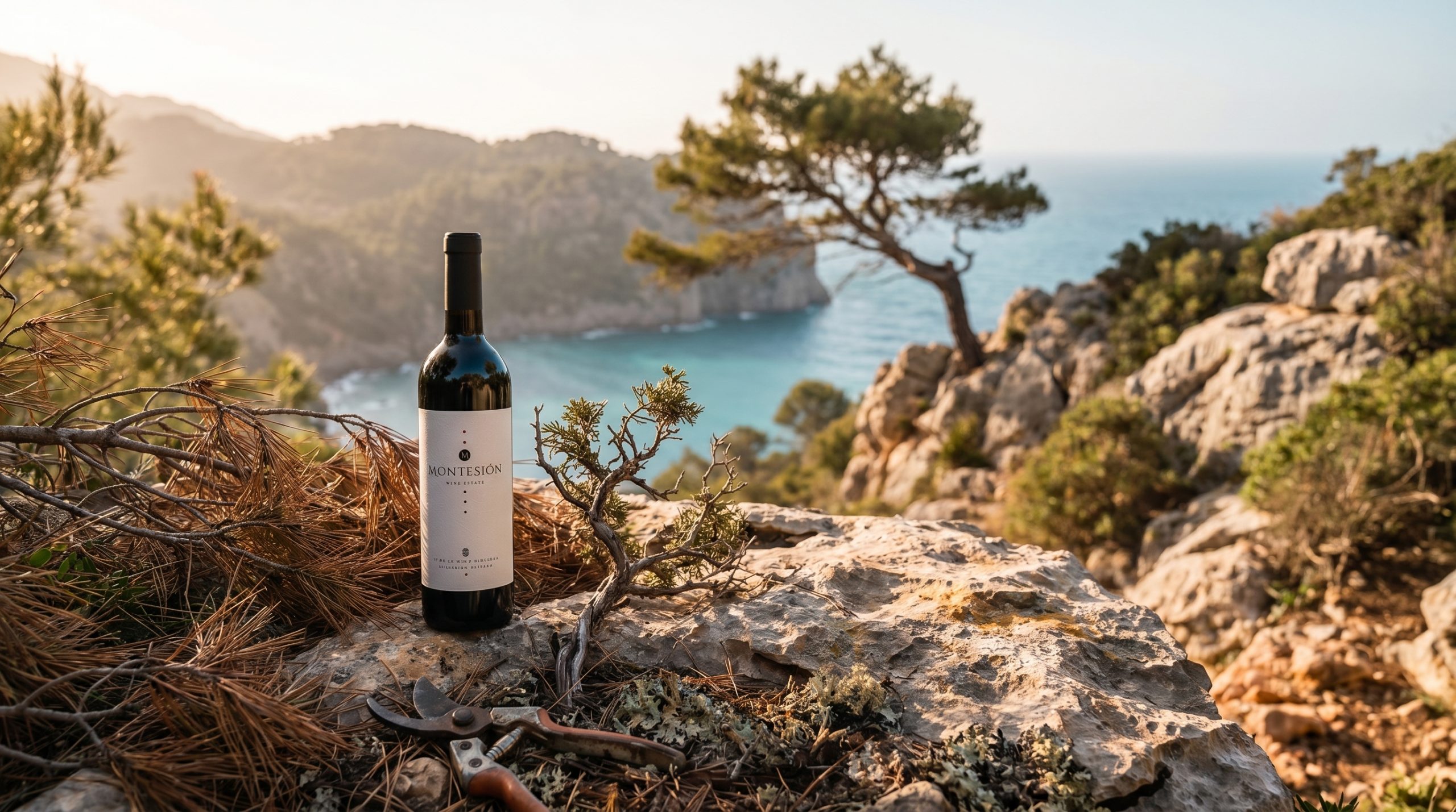 organic wine market — Sun-drenched Mediterranean vineyard rows with limestone soil, soft golden hour light, lush green vines, peaceful and authentic rural Mallorca atmosphere.