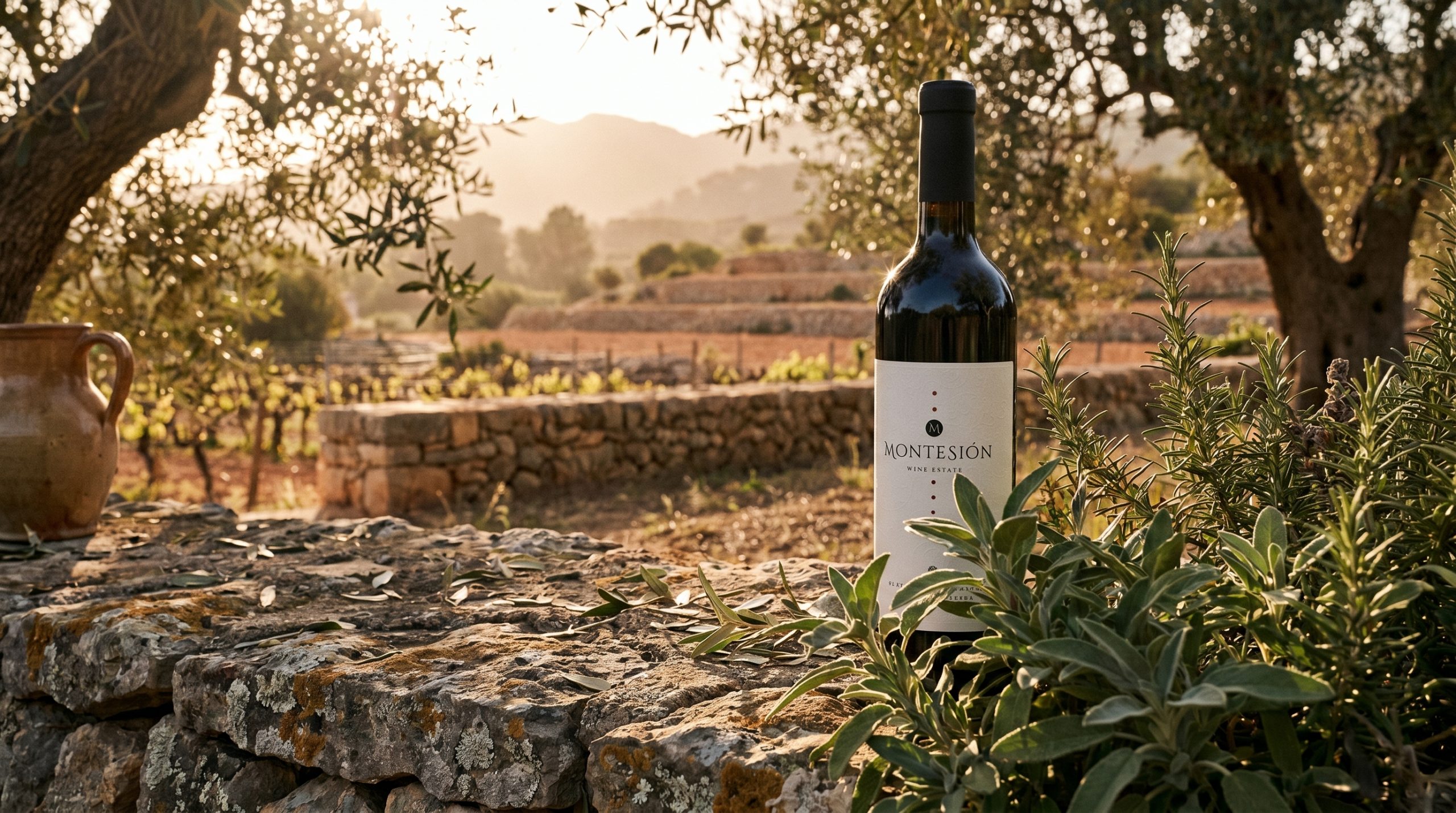 organic wine Spain — Sun-drenched limestone vineyard in Mallorca, Mediterranean flora, soft golden hour light, vibrant green vines, authentic rustic atmosphere, peaceful and natural.