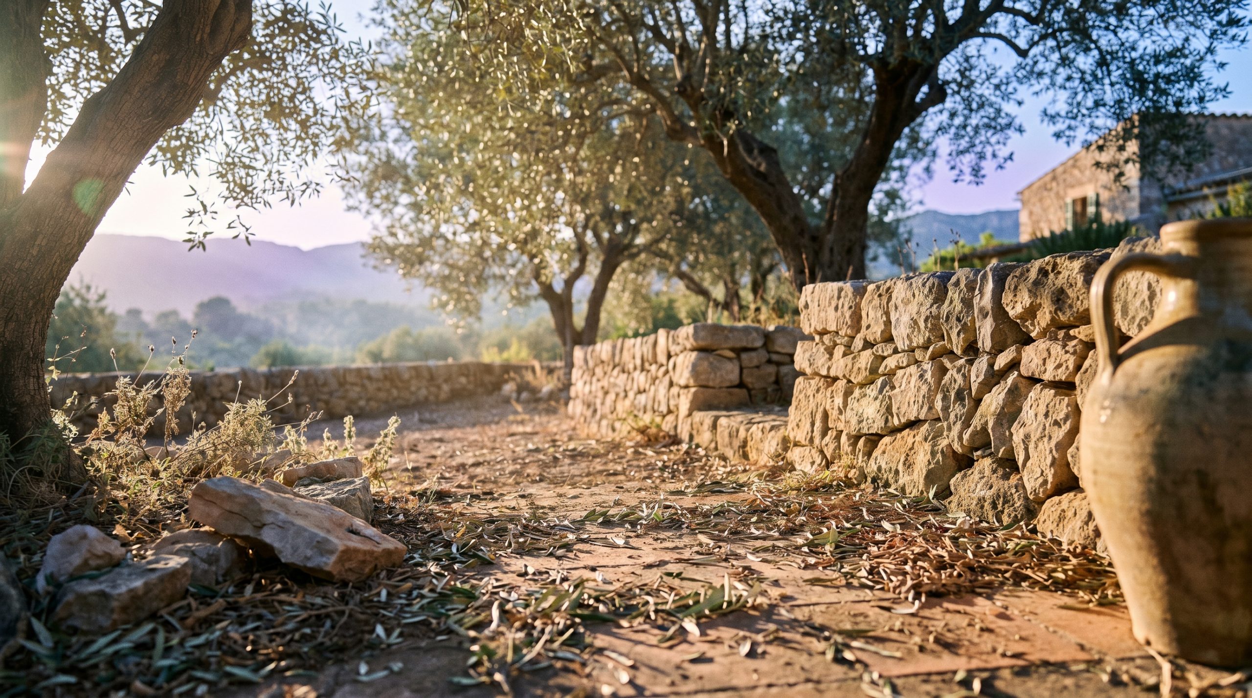 sustainable wine tourism Mallorca — Sunlit Mediterranean vineyard with wild cover crops and rocky soil, grazing sheep in the distance under a clear blue sky, rustic agrarian atmosphere.