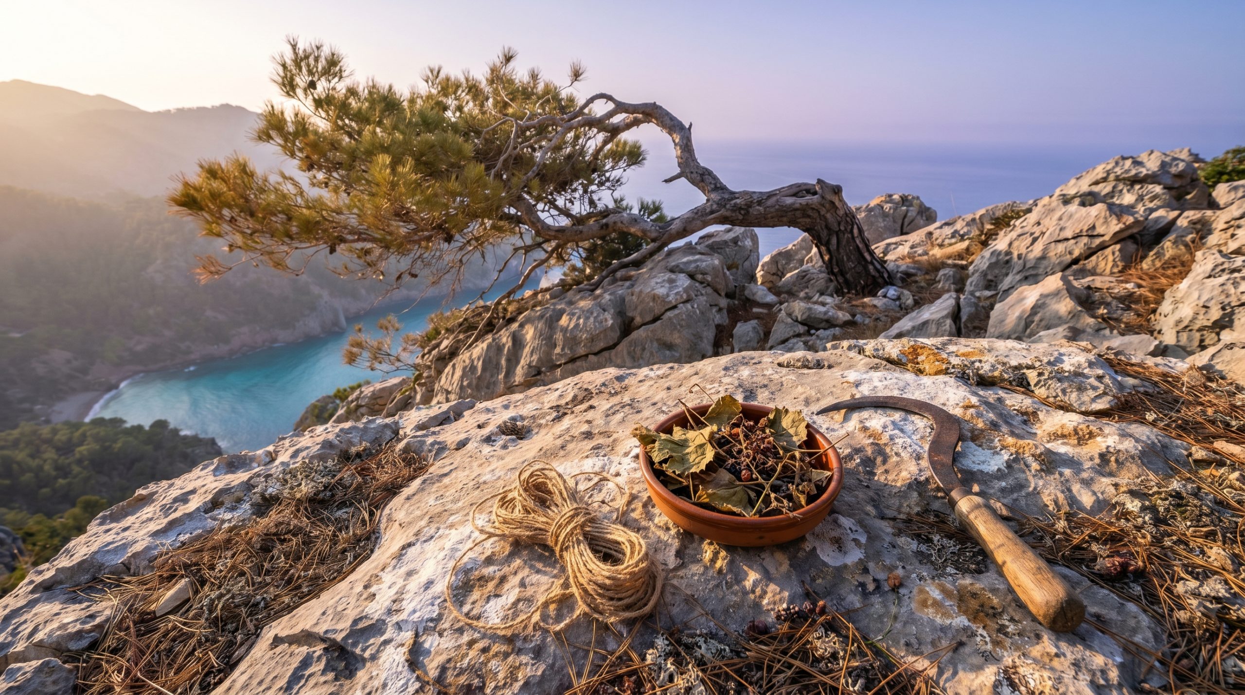 sustainable winemaking mallorca — Sunlit Mediterranean vineyard with healthy, diverse cover crops growing between rows of ancient vines, rich dark soil, and a clear blue sky.