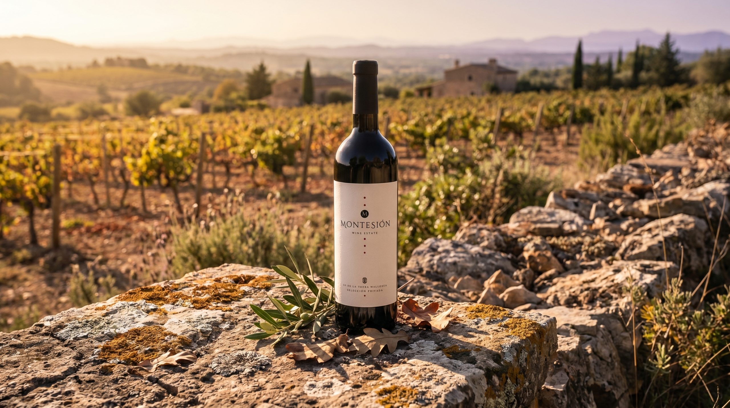tasting biodynamic wine — Sun-drenched Mediterranean vineyard rows, limestone soil, soft golden hour light, lush green vines, authentic rustic atmosphere, peaceful and natural.