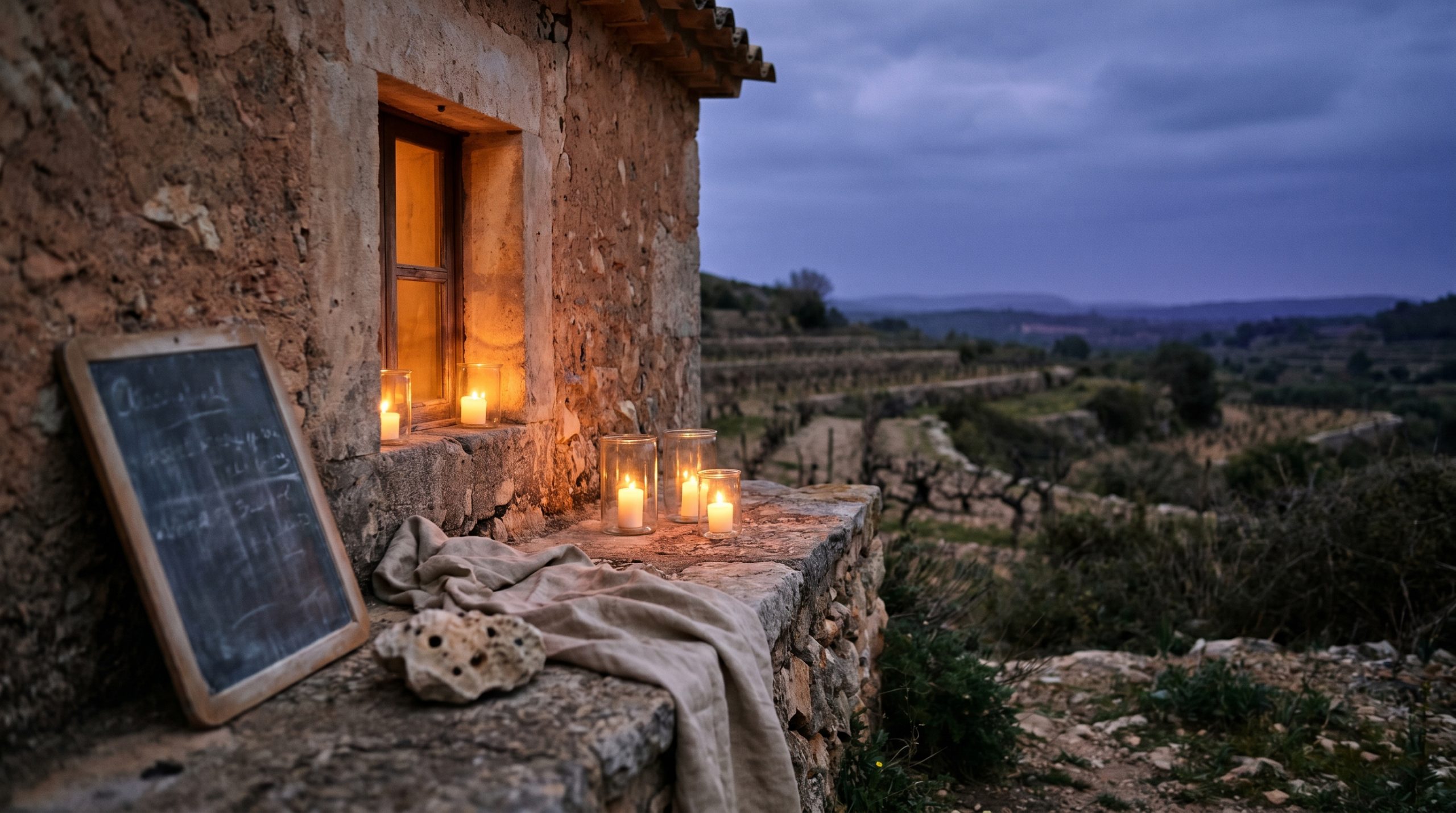 Wine activities in mallorca — Sunlit Mediterranean vineyard with native cover crops and wildflowers between rows, rustic stone walls, clear blue sky, peaceful and ecologically vibrant agricultural landscape.