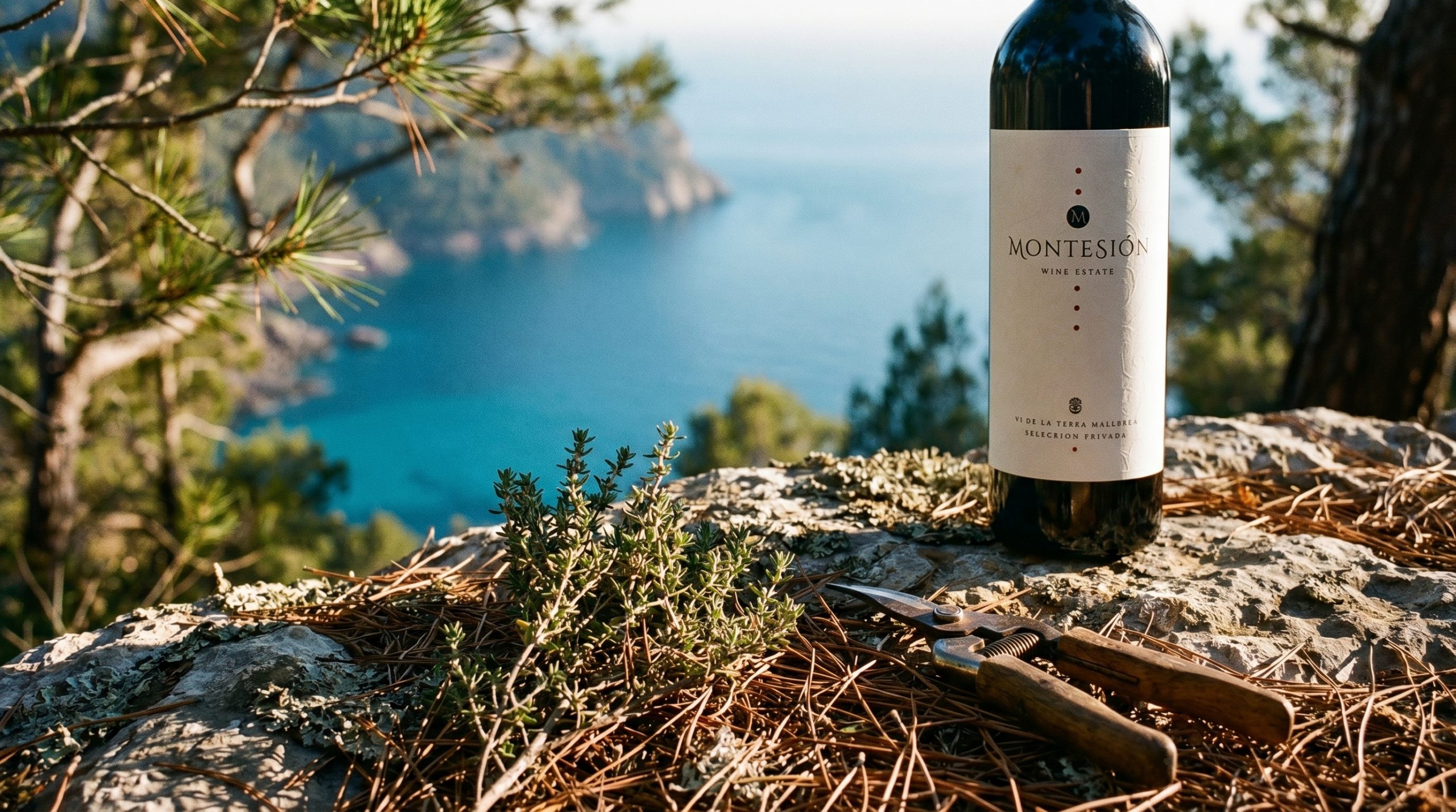 Wine Days Mallorca — Sun-drenched limestone vineyard in Mallorca, rows of ancient bush vines, soft golden hour light, Mediterranean landscape, serene and authentic atmosphere.