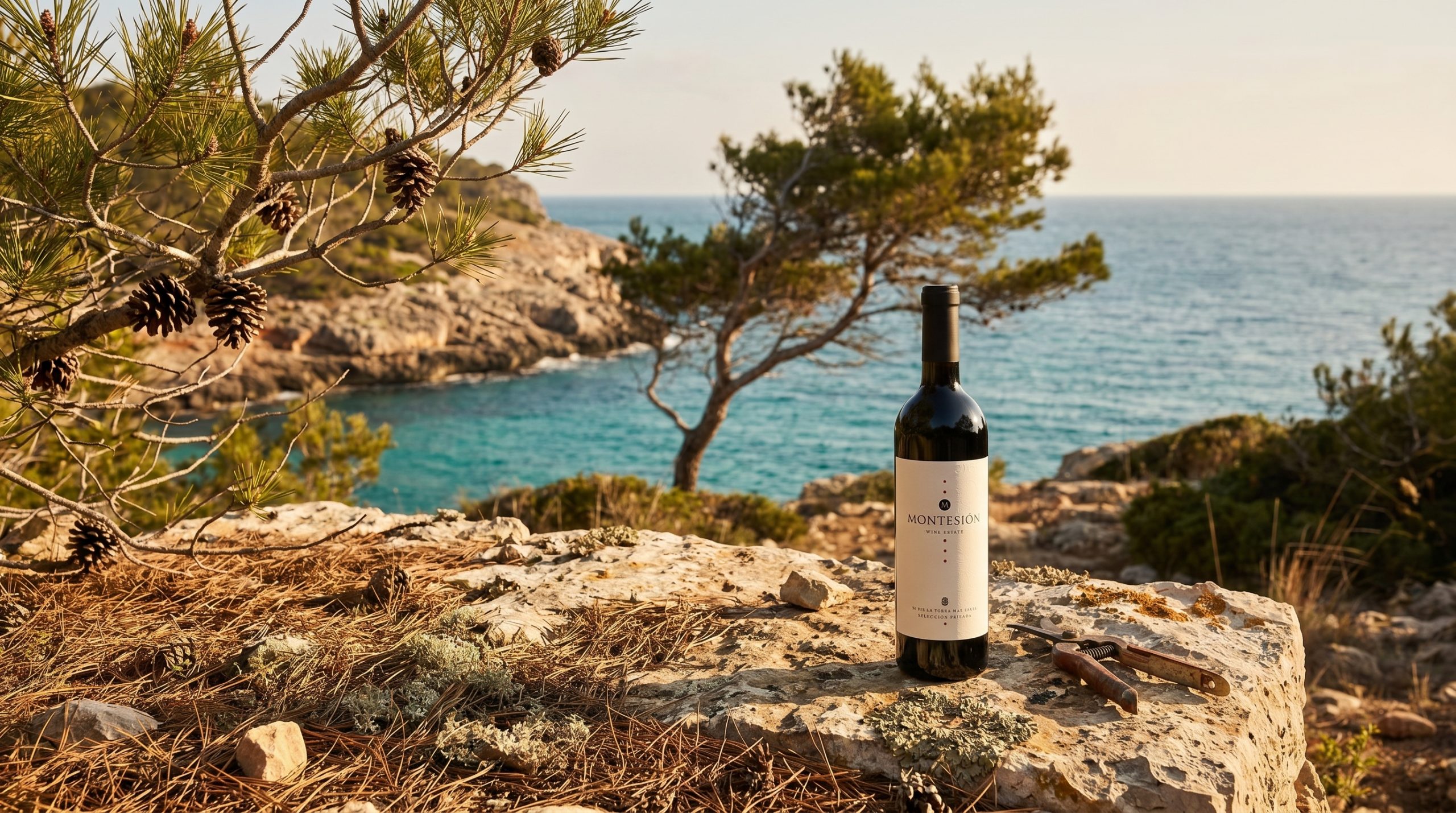 Wine Days Mallorca 2026 — Sun-drenched limestone vineyard in Mallorca, rows of indigenous vines under a clear Mediterranean sky, soft golden hour light, authentic biodynamic farming landscape.