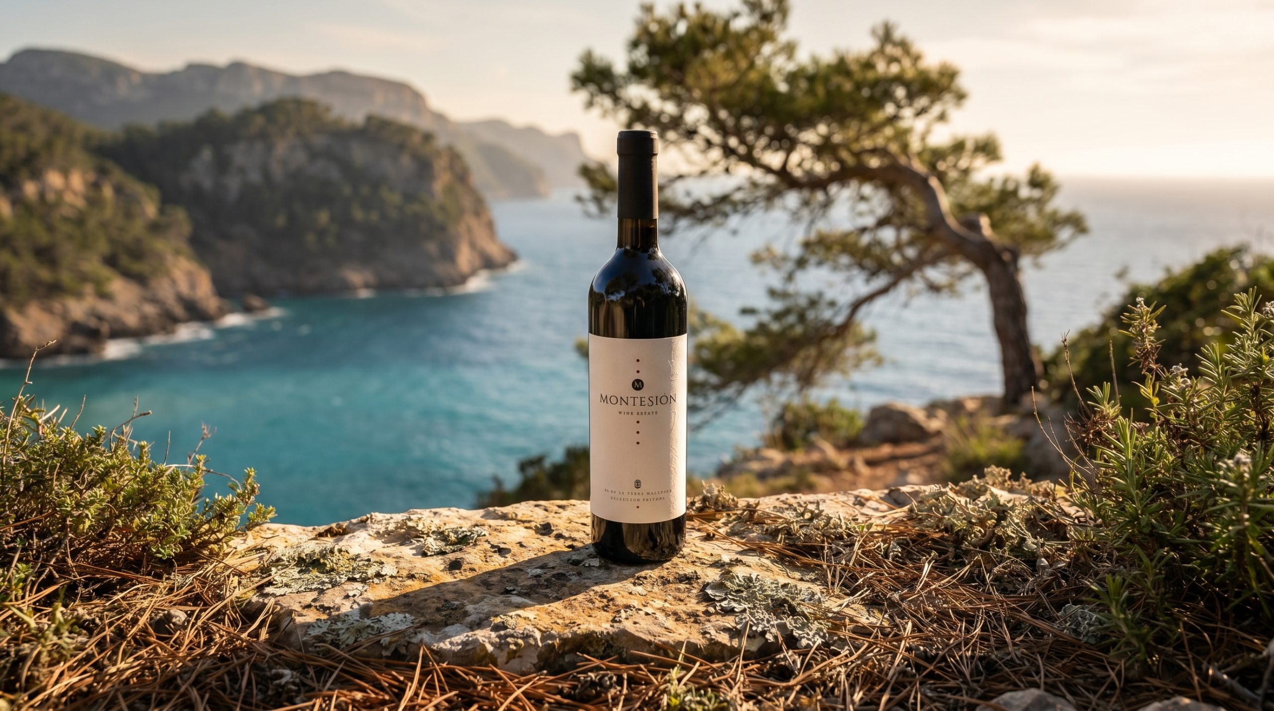 Wine Days Mallorca 2026 — Sun-drenched limestone vineyard in Mallorca, rows of ancient vines under a clear Mediterranean sky, vibrant green foliage, warm golden hour lighting, authentic terroir.