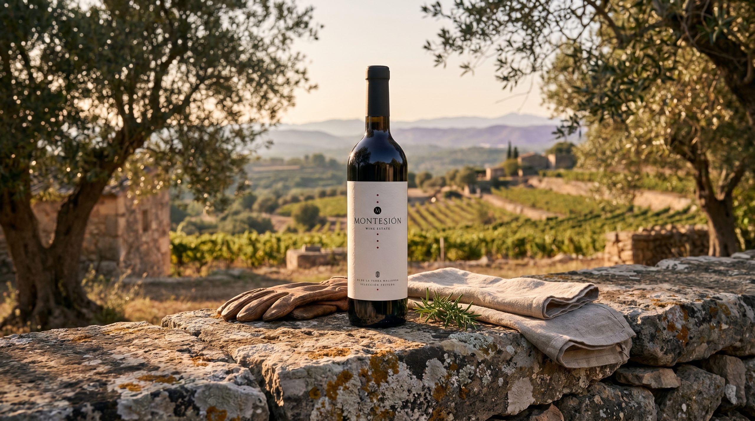 Mallorca wine — Sun-drenched vineyard rows in Mallorca, rocky limestone soil, vibrant green vines under a clear Mediterranean sky, authentic biodynamic farming atmosphere, soft natural lighting.