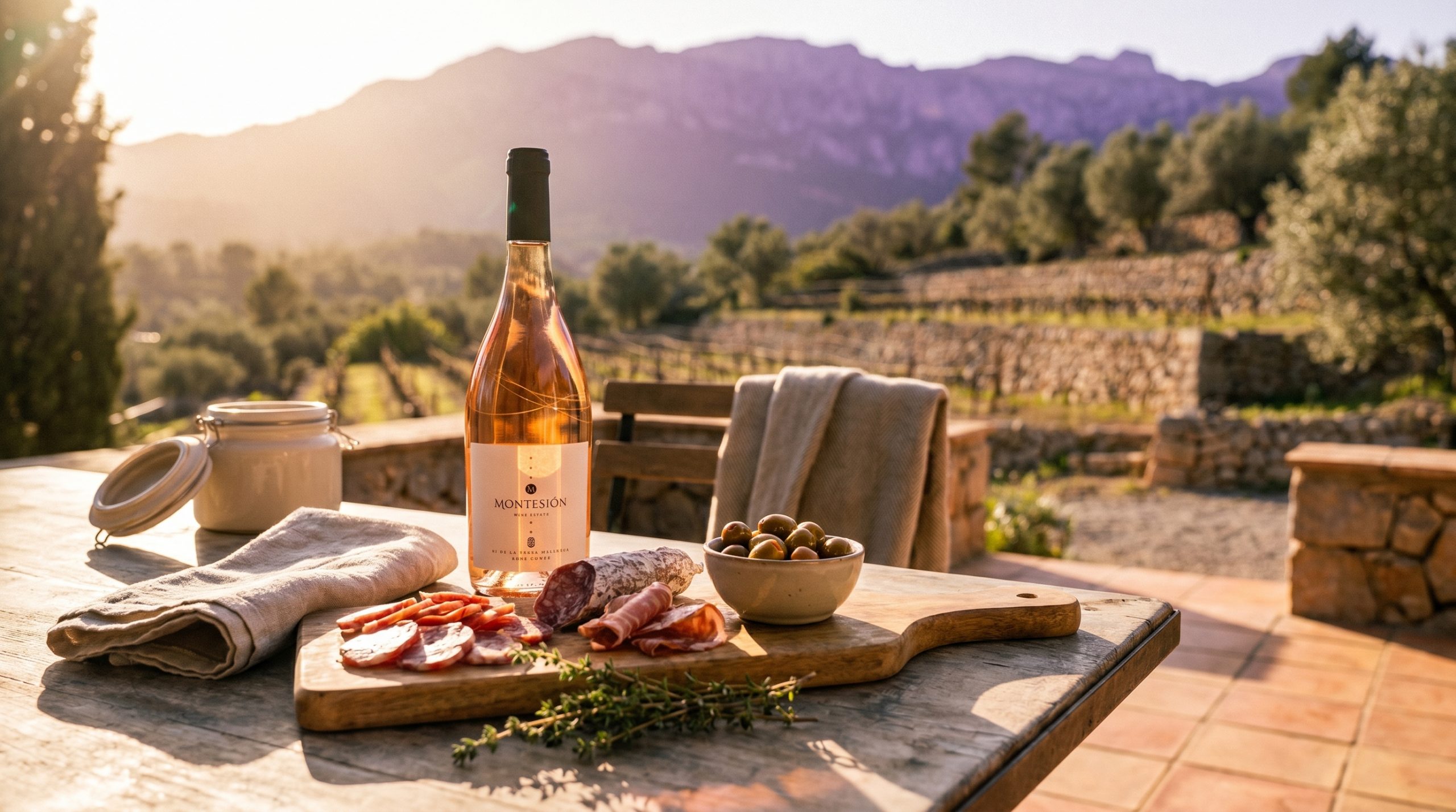 summer wines mallorca — A sun-drenched rustic stone table on a Mediterranean terrace overlooking vineyards, dappled afternoon sunlight, fresh citrus, and a gentle summer breeze.