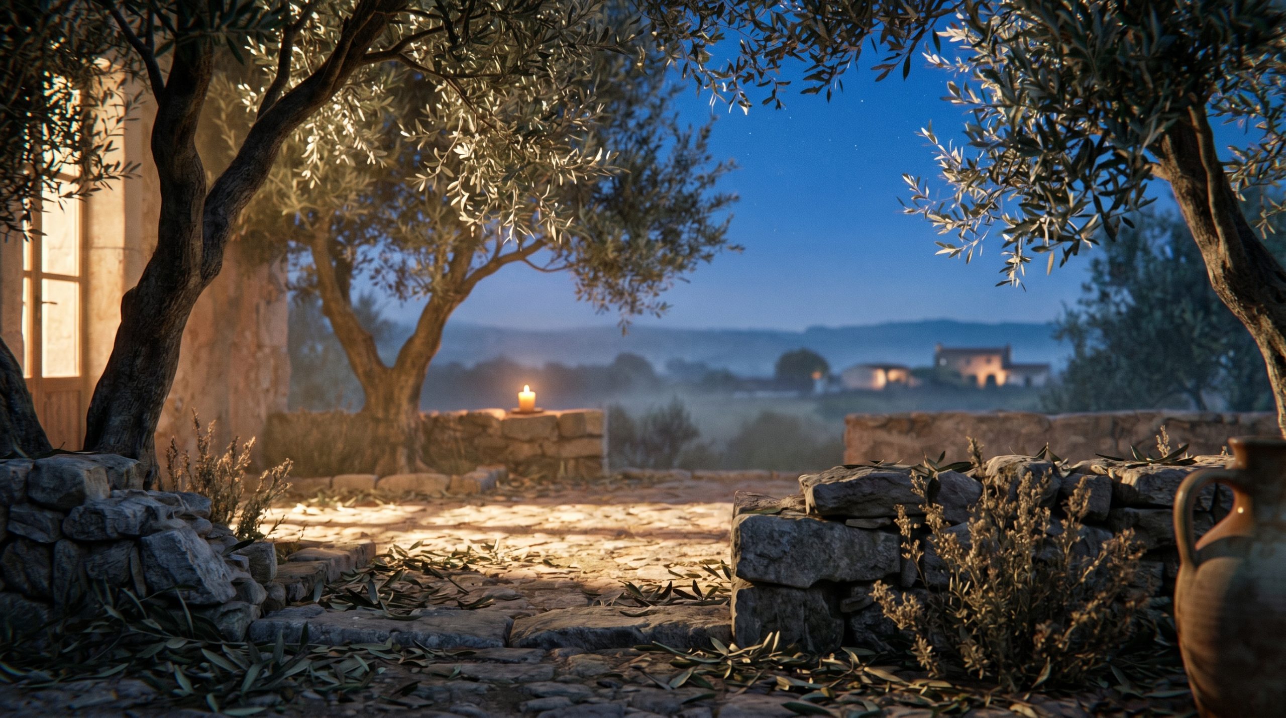 best wine in mallorca — Sunlit rustic wooden cellar table in a Mediterranean estate, featuring scattered vine leaves, ancient limestone rocks, and soft golden hour light filtering through.
