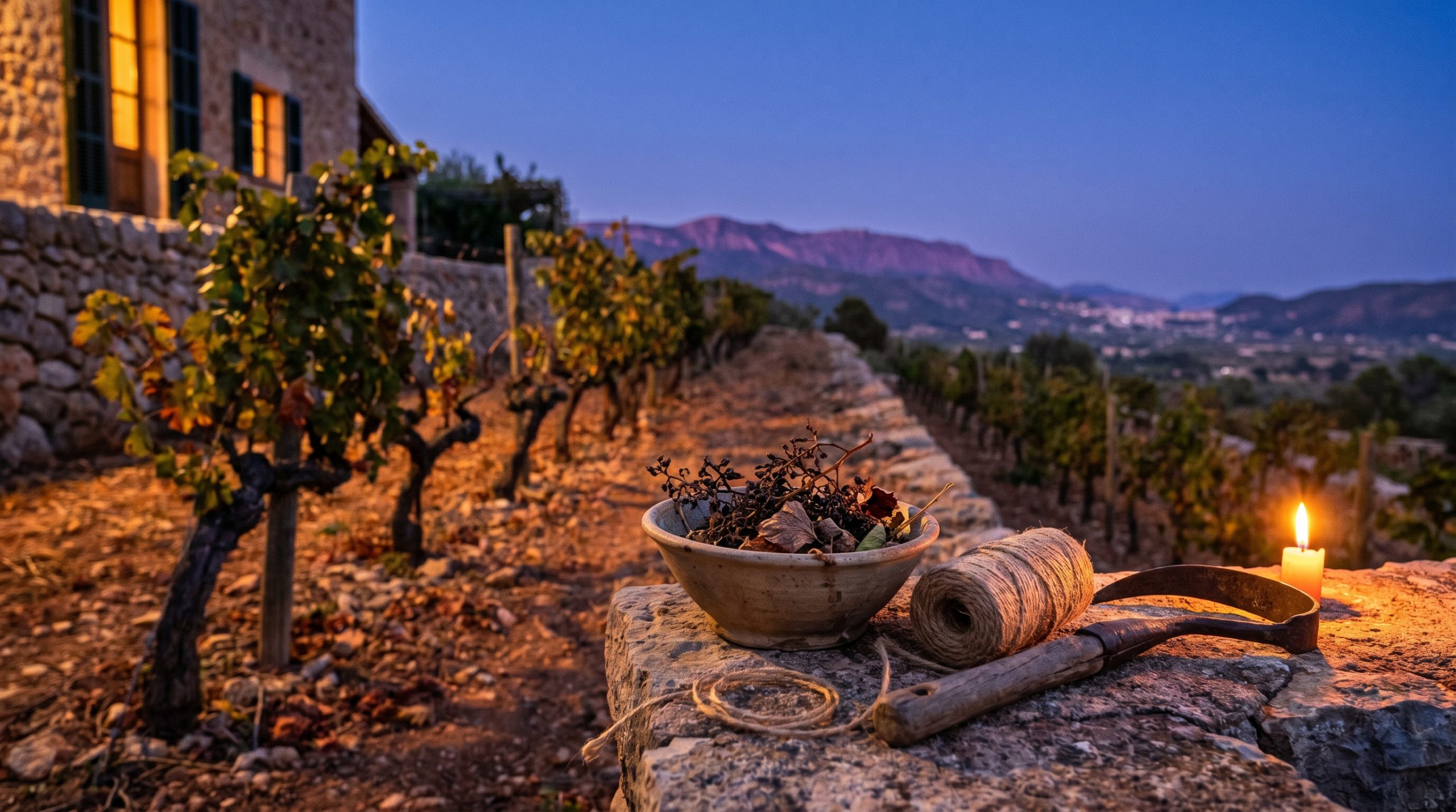 biodynamic wine — Sun-drenched Mediterranean vineyard with rocky, mineral-rich soil, vibrant green vines under clear blue skies, conveying natural harmony and ecological vitality.