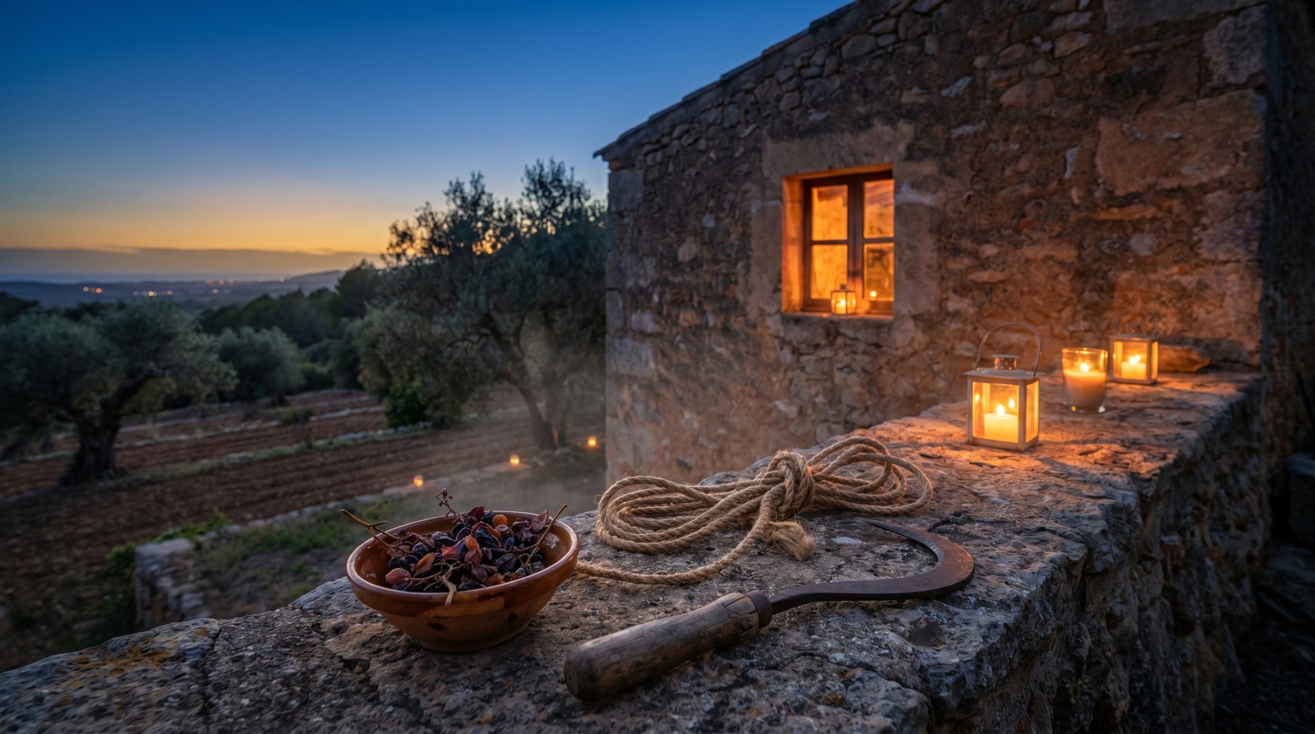 Mallorca wine — Sun-drenched Mediterranean vineyard with iron-rich red clay soils and ancient gnarled vines, overlooking a distant coastline under clear blue skies, rustic and serene.