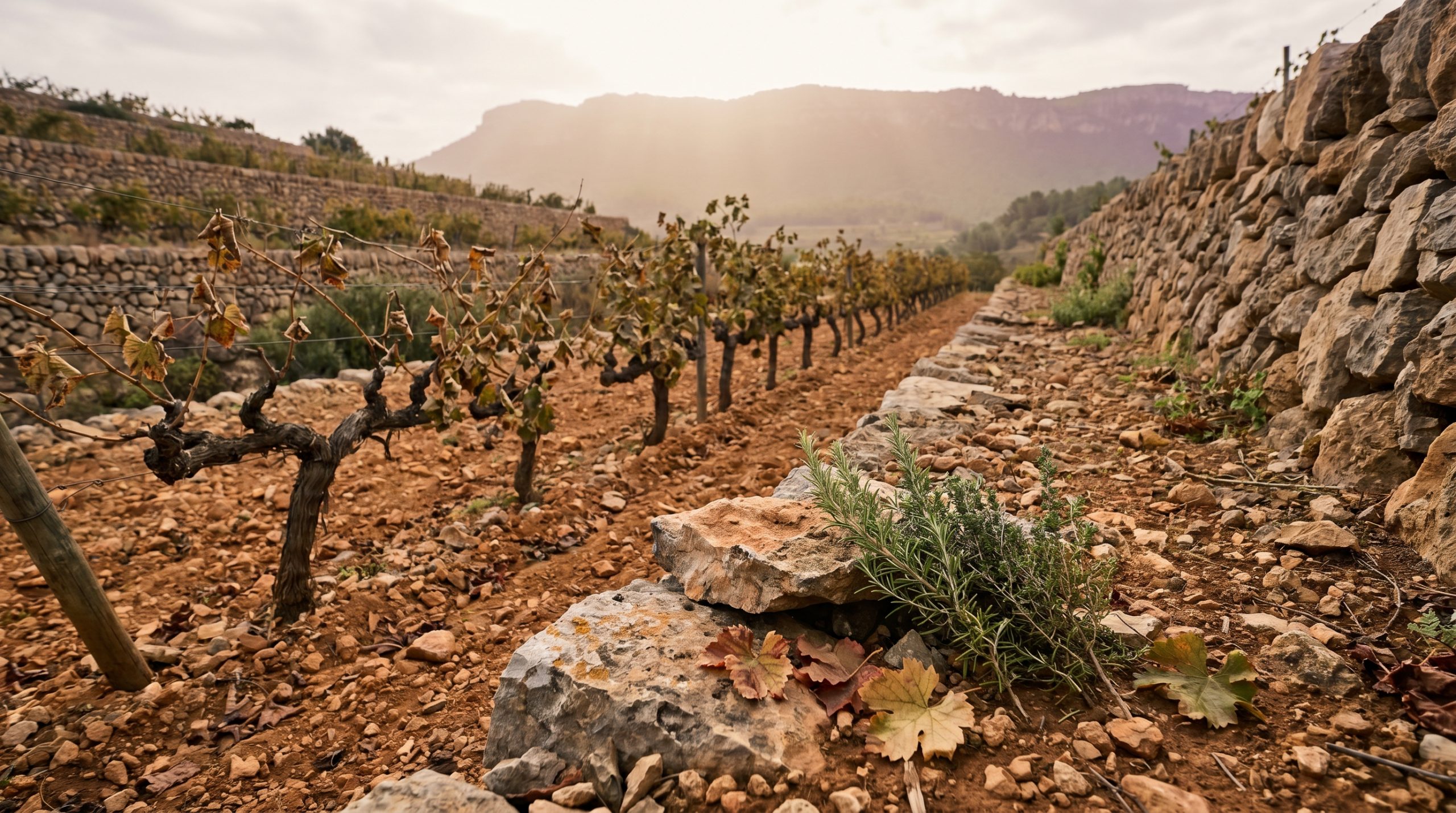 Mallorca wine — Sun-drenched rocky Mediterranean vineyard with ancient, gnarled vines, dry terracotta soil, and subtle wild herbs under bright, clear Balearic island daylight.