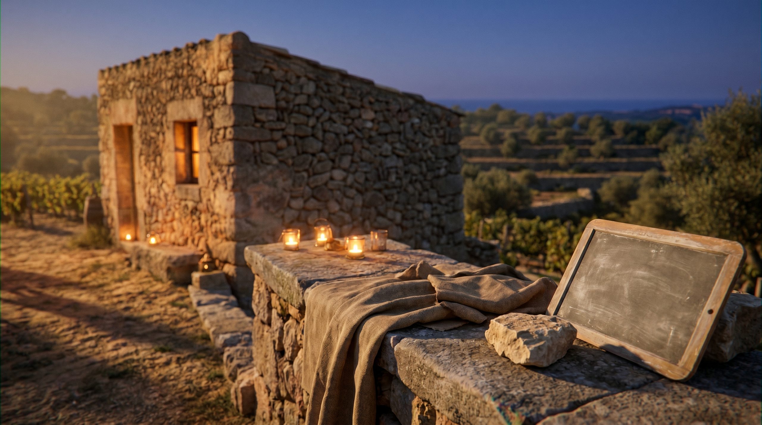 mallorca wine — Sun-drenched Mediterranean vineyard with deep limestone soils, vibrant green vines under a clear blue sky, rustic terracotta amphorae resting near a stone wall.