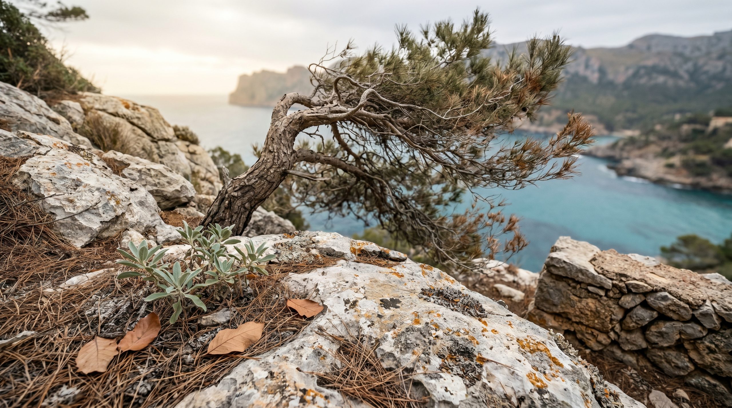 Mallorca wine — Sunlit Mediterranean vineyard with calcarenite soil and ancient gnarled vines, gentle maritime breeze rustling green leaves under a clear blue Balearic sky.