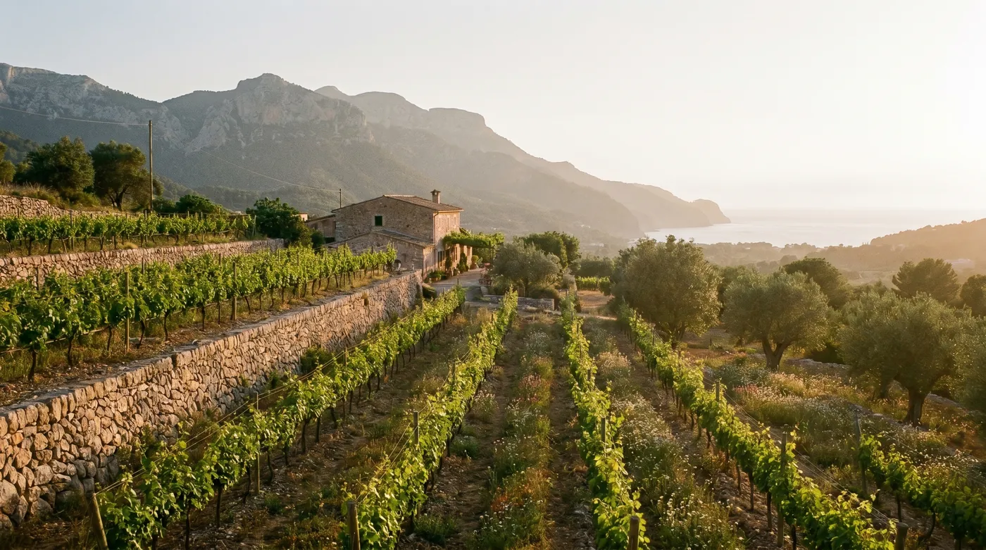 Sonnendurchflutete Steinterrassen auf einem üppigen mediterranen Weingut, umgeben von einheimischer Flora, alten Olivenbäumen und leuchtend grünen Reben unter einem klaren blauen Himmel.
