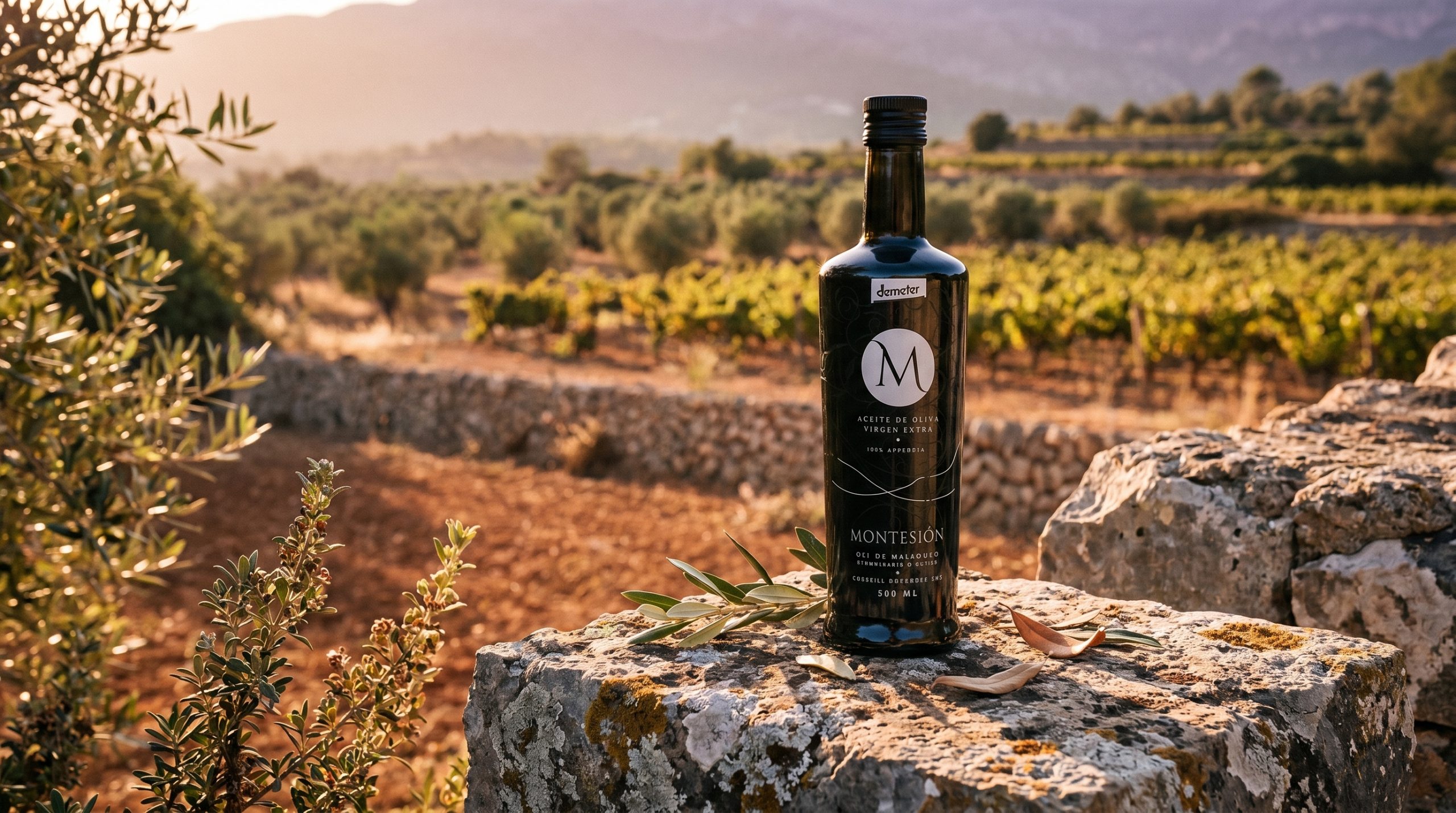 Best wine in mallorca — Sun-drenched Mediterranean vineyard with iron-rich red clay and white limestone soil, bathed in warm late afternoon sunlight, rustic and elegant natural agricultural setting.