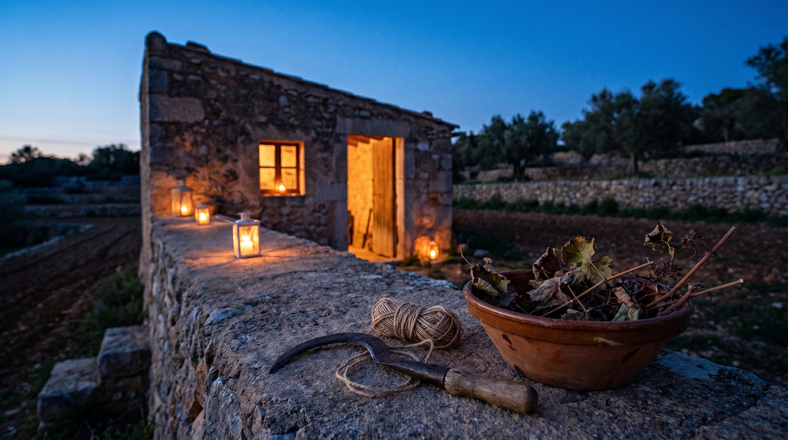 sustainable wine tourism Mallorca — Sun-drenched Mediterranean vineyard with iron-rich red soil, ancient olive trees, and lush green vines under a clear blue sky, conveying tranquil agricultural heritage.