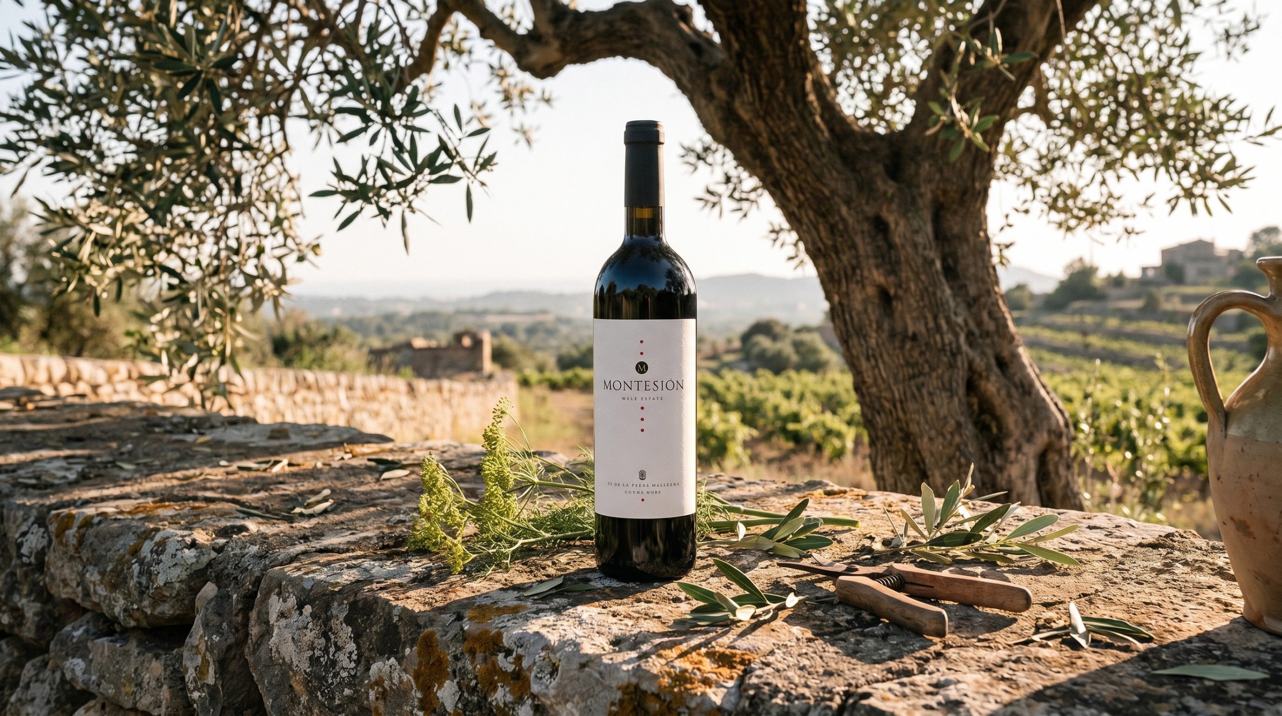 sustainable winemaking mallorca — Sun-drenched Mediterranean vineyard with rich dark soil, vibrant green vine leaves, natural cover crops, warm golden hour light, and rustic stone walls.