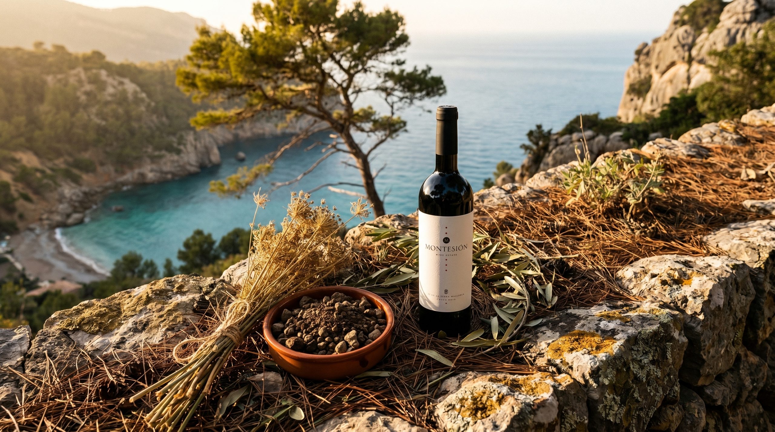 wine tasting mallorca — Sun-drenched Mediterranean vineyard with red clay soil and ancient dry-stone terraces, bathed in warm golden hour light, conveying a tranquil, rustic agricultural atmosphere.