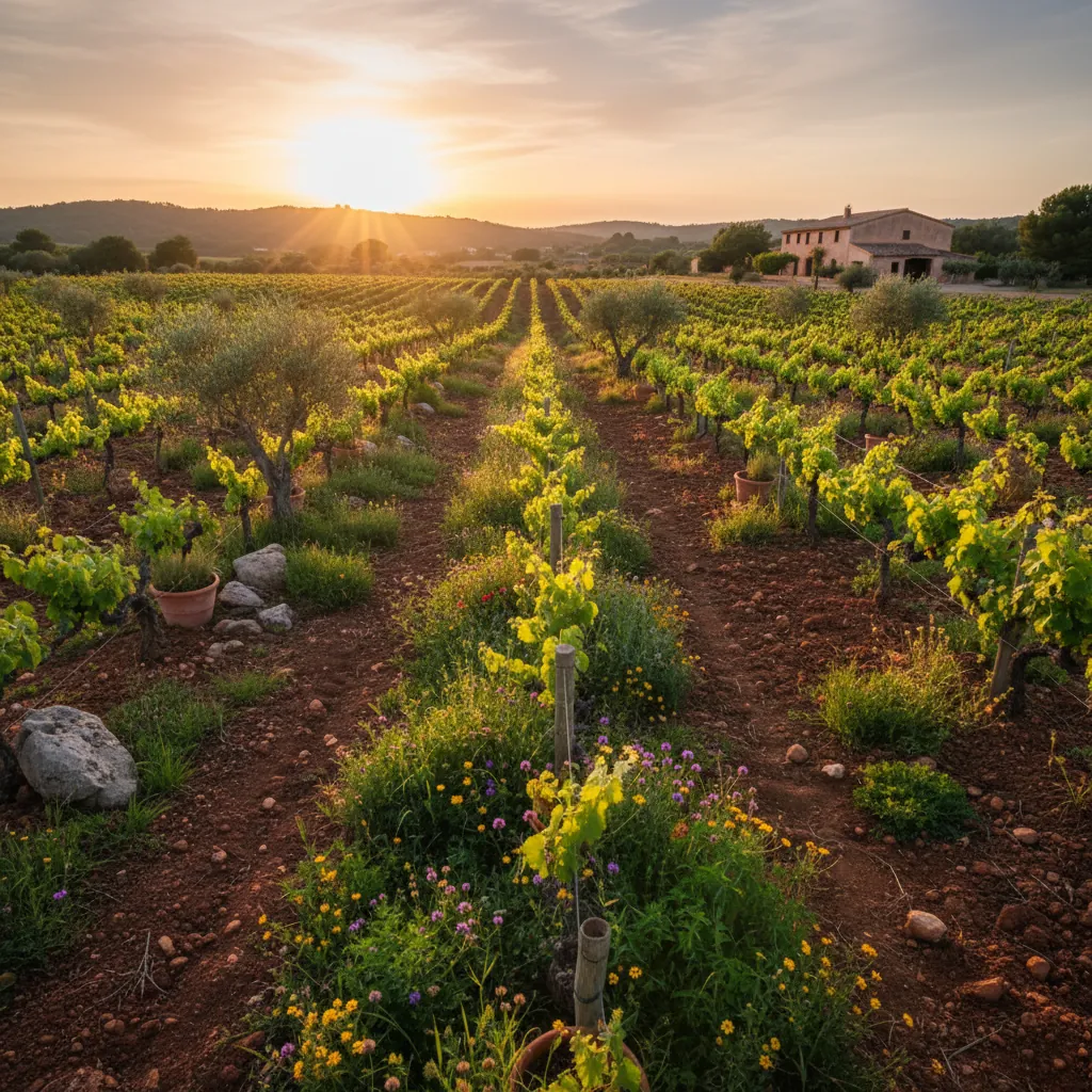 Sonnendurchflutete Weinbergreihen auf Mallorca mit einheimischen Rebsorten, fruchtbarer Boden, Morgenlicht, blühende Biodiversität zwischen den Reihen