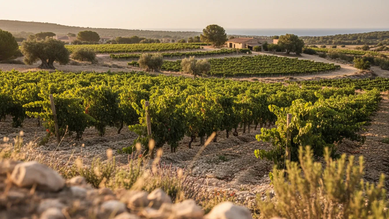 Sonnendurchflutete biodynamische Weinberge auf Mallorca, heller Kalksteinboden, Meeresbrise durch Callet-Reben, warmes goldenes Licht, ruhige Terrassen und wilde Kräuter