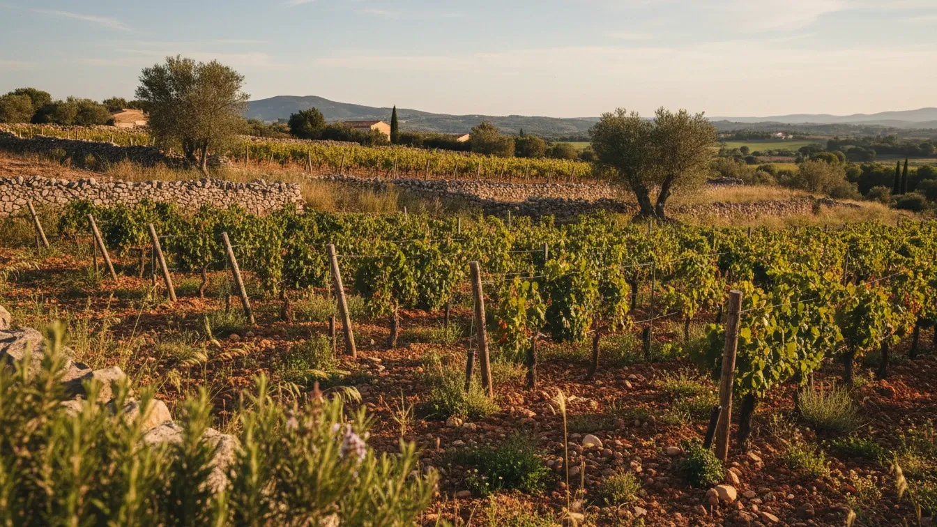 Sonnendurchfluteter biodynamischer Weinbergboden auf Mallorca, trockene mediterrane Reihen, Kalkstein, sanftes goldenes Licht, ruhige einsteigerfreundliche Stimmung, Thymian und entfernte Hügel