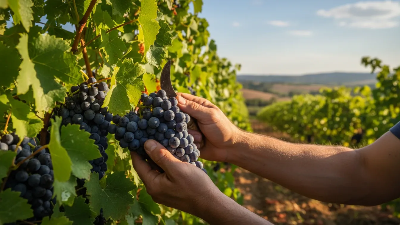 Mallorca wine — Sunlit biodynamic vineyards in Mallorca, limestone soil, dry-stone walls, sea breeze, golden evening light, quiet Mediterranean mood, wild herbs rustling.