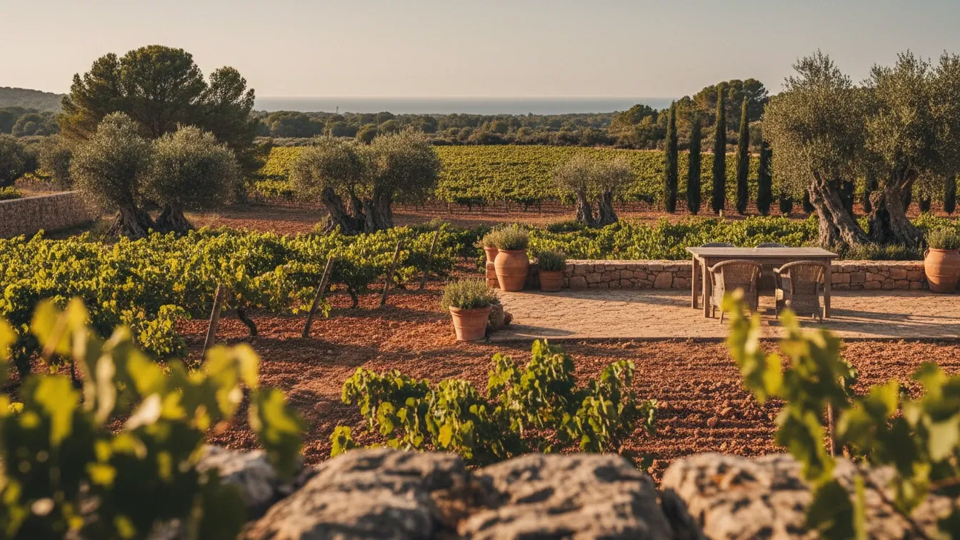 white wines summer mallorca — Sunlit Mallorca vineyard terrace among limestone soils and pine trees, soft sea breeze, warm summer light, serene Mediterranean atmosphere.