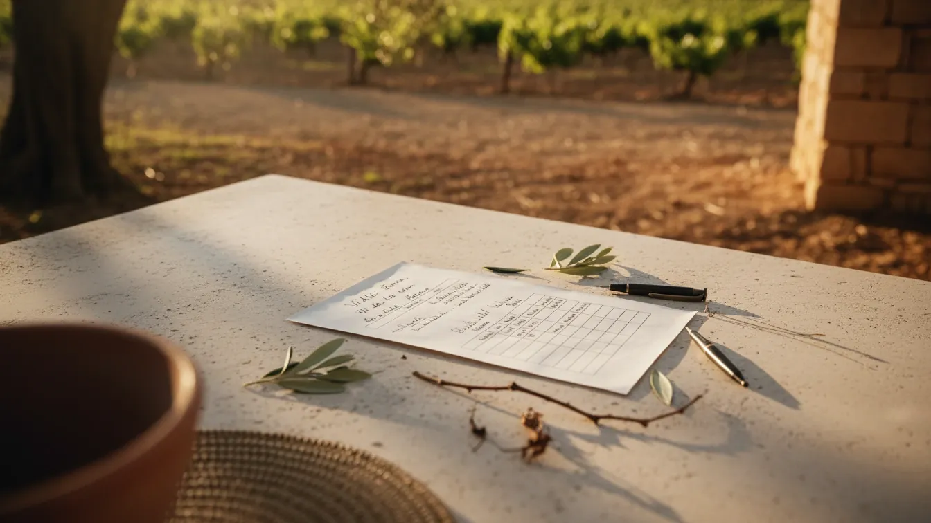 wine tasting sheet — Handwritten wine tasting sheet on a limestone table overlooking biodynamic Mallorcan vineyards, warm dusk light, quiet focus, olive leaves and soft shadows.