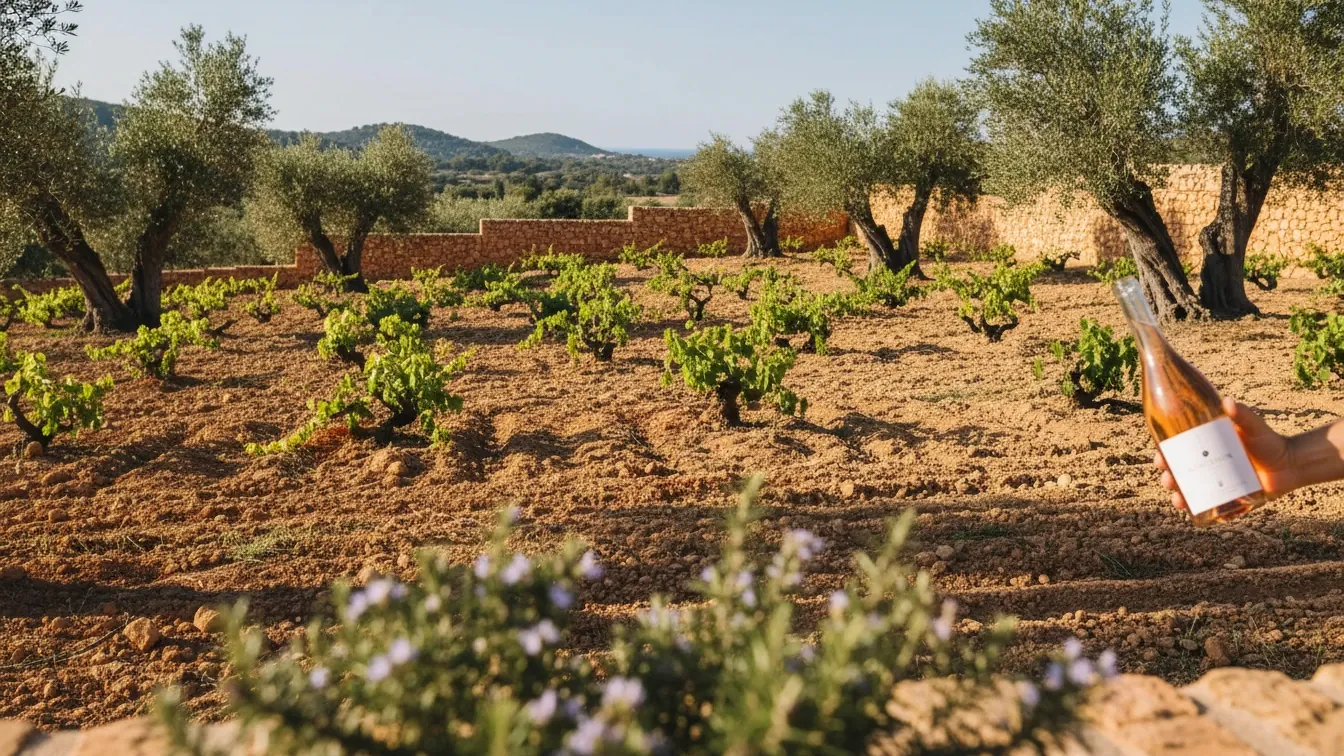 best wines Mallorca — Sunlit Mallorcan vineyard terraces, limestone soil, sea breeze, golden afternoon light, wild herbs and distant hills, serene Mediterranean mood