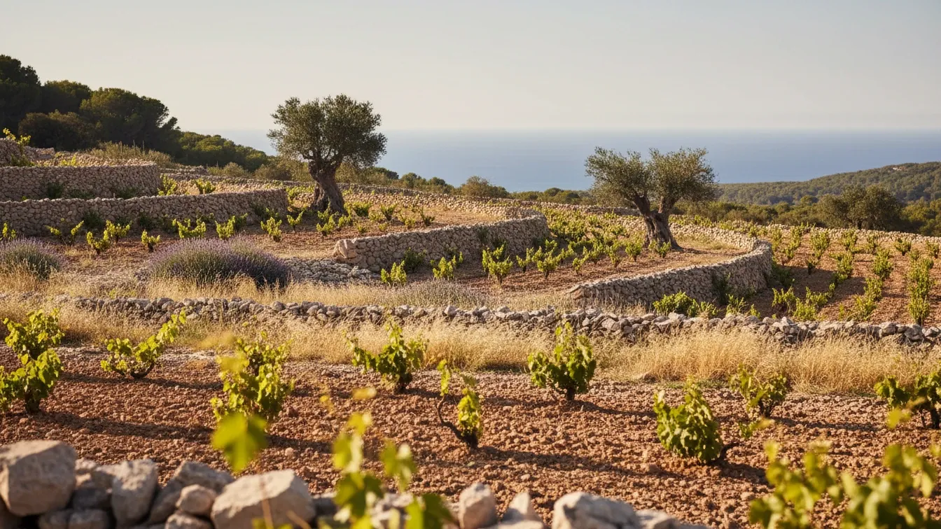 biodynamic vs organic wine — Sunlit Mallorca vineyard soil and limestone terraces, soft Mediterranean light, dry grasses, sea breeze, calm reflective mood, subtle vine shadows.