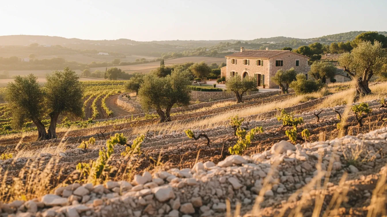 Biodynamisches Weingut auf Mallorca, Kalksteinboden im Weinberg, mediterrane Hügel, warmes Morgenlicht, ruhige Bildungsstimmung