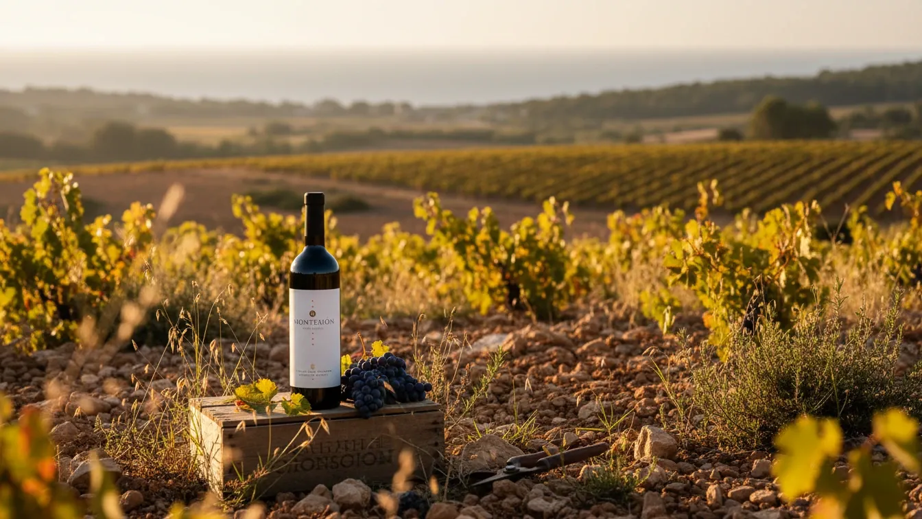 callet wine — Mallorca callet vineyards on stony limestone soil, biodynamic rows, sea-breeze haze, warm late-afternoon light, dry grasses and wild herbs, quietly contemplative