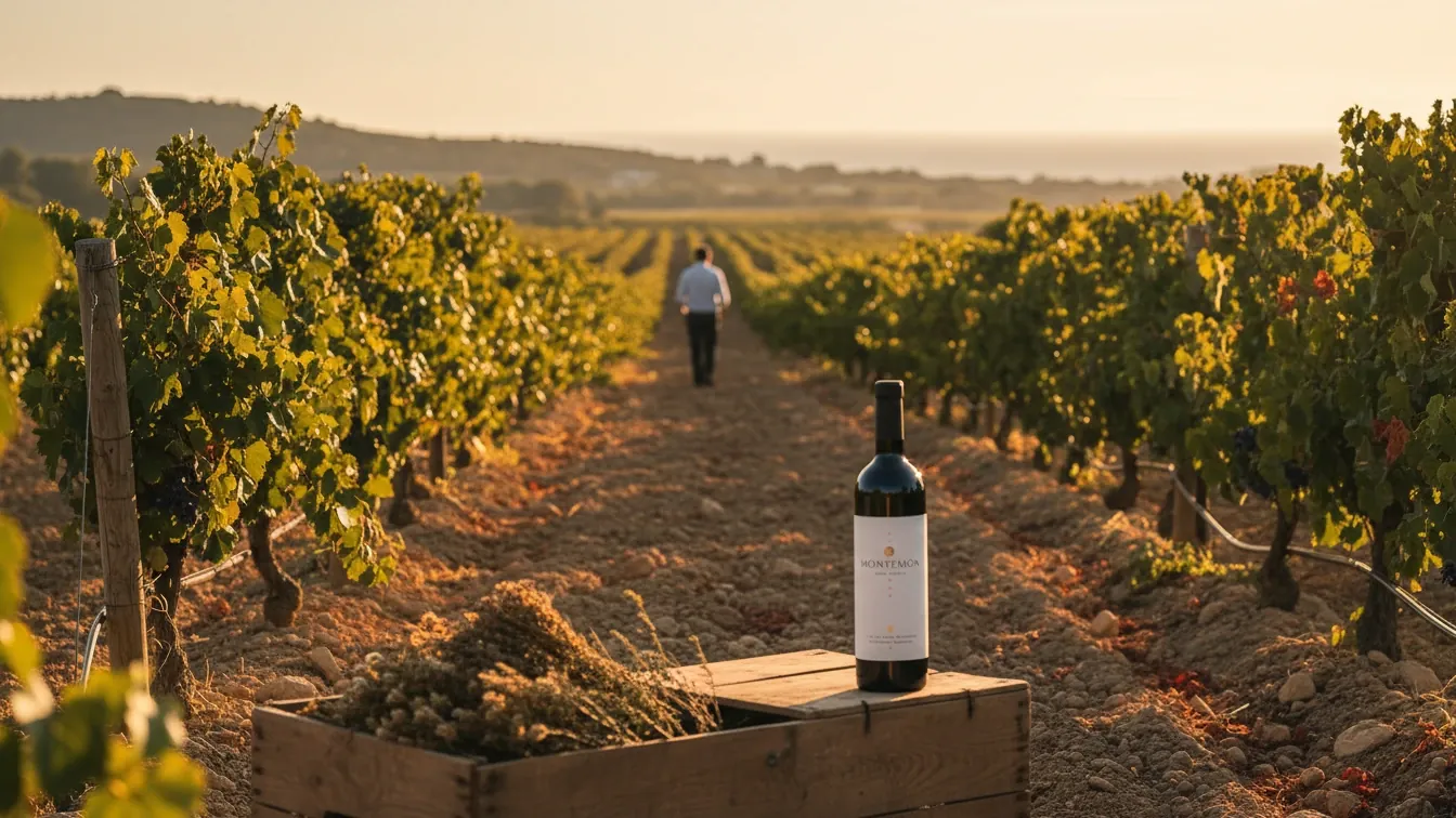 mallorca grape varieties — Mallorca vineyard rows on pale limestone soil, native grape foliage, warm golden light, sea breeze, dry herbs and distant hills, contemplative mood