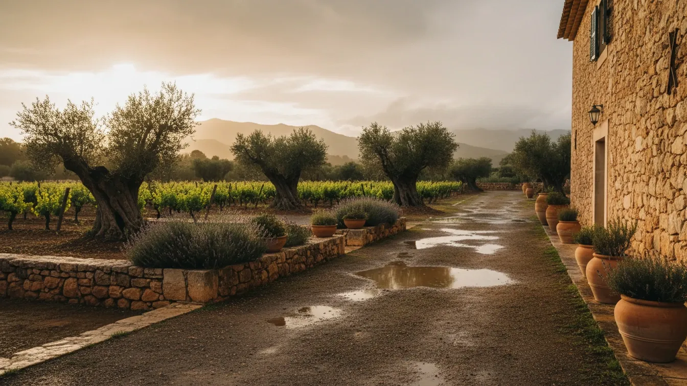 what to do in Mallorca on a rainy day — Rain-softened Mallorca vineyard paths, sheltered stone tasting-room courtyard, overcast golden light, quiet reflective mood, wet soil and distant Tramuntana hills.