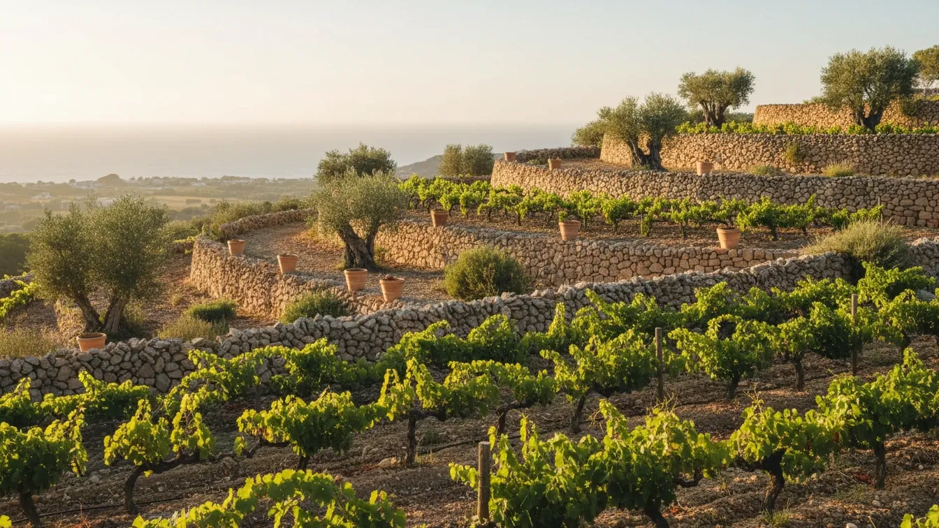 mallorcan wine popularity — Sunlit Mallorcan vineyard terraces, dry stone walls and native vines, warm Mediterranean light, gentle sea breeze, quiet hopeful atmosphere