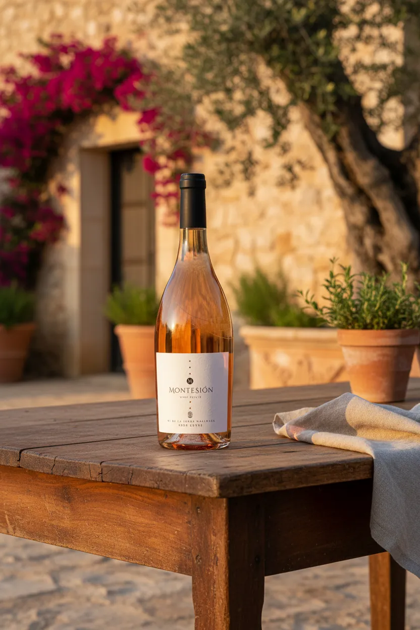 Sonnenverwöhnter mallorquinischer Steintisch neben gegrillten Meeresfrüchten und regionalem Gemüse, goldenes Weinberglicht, sanfte Meeresbrise, Rosmarinzweige und Olivenblätter, gesellige Stimmung