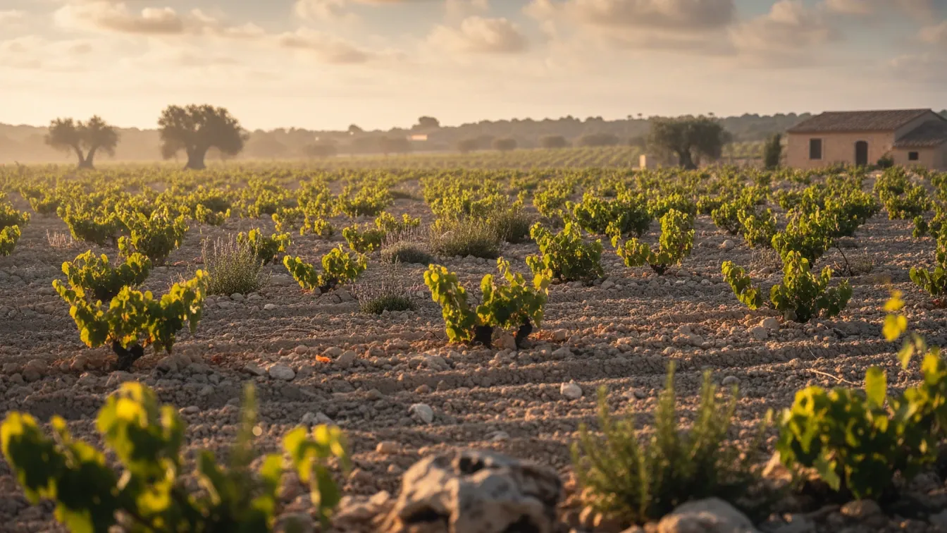 prensal blanc — Prensal Blanc vineyard rows on Mallorca limestone soil, native herbs, soft coastal dawn light, calm educational mood, dew and sea breeze