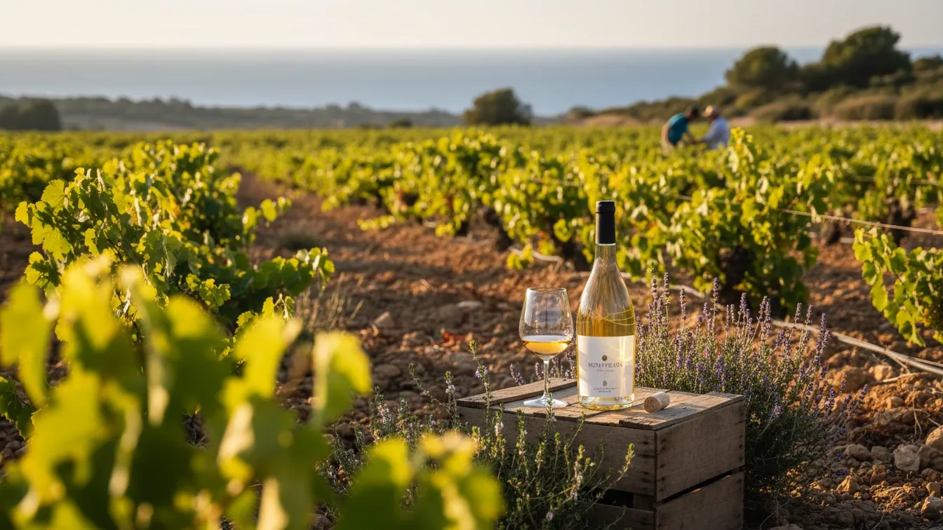 Prensal-Blanc-Weinbergreihen auf Kalksteinterrassen, Meeresbrise durch mediterrane Kräuter, warmes goldenes Licht, biodynamische Atmosphäre Mallorcas
