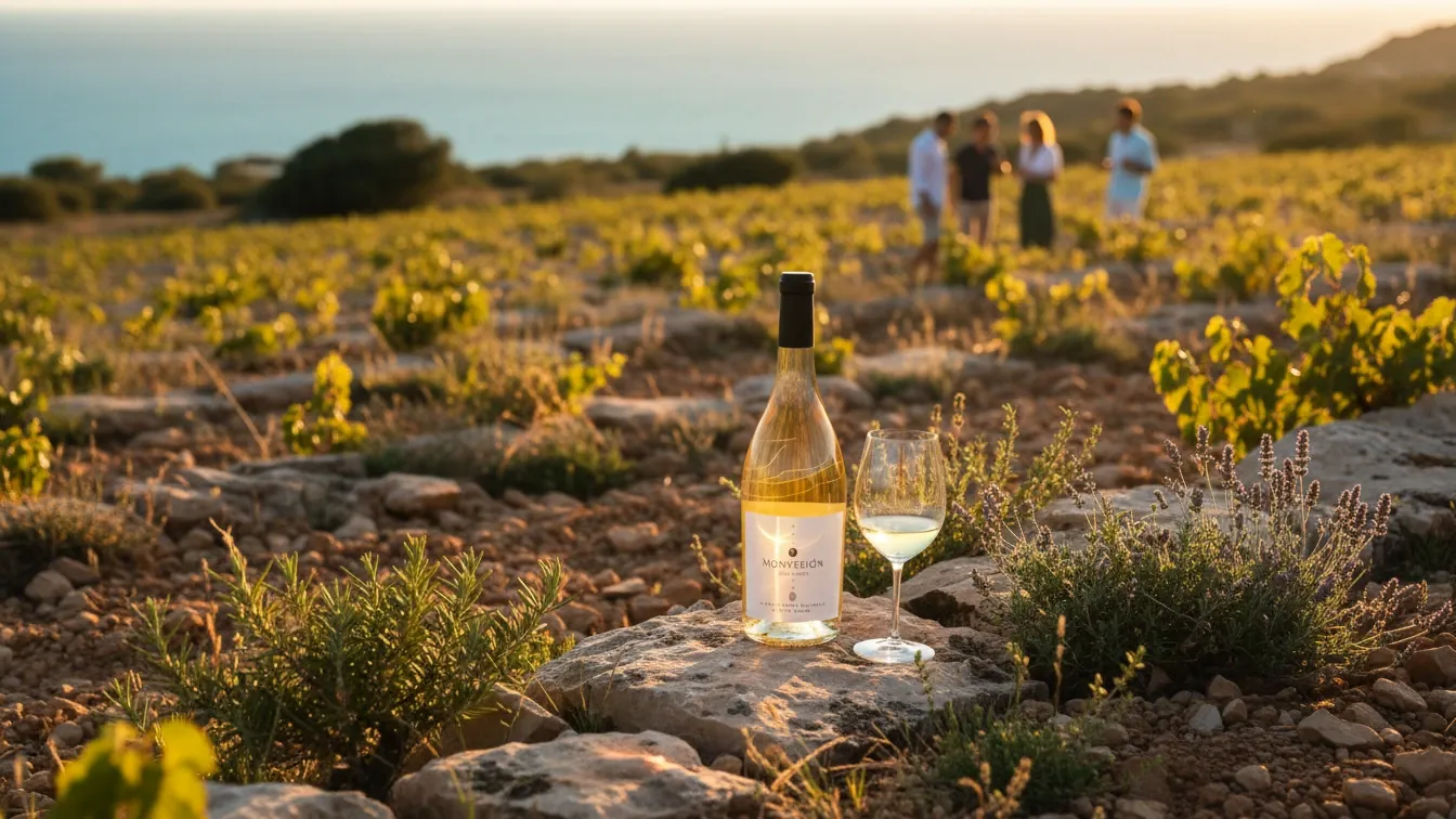 prensal blanc wine — Prensal Blanc wine in Mallorca vineyard limestone terraces, late golden sunlight, coastal breeze, biodynamic rows, wild herbs, serene Mediterranean mood