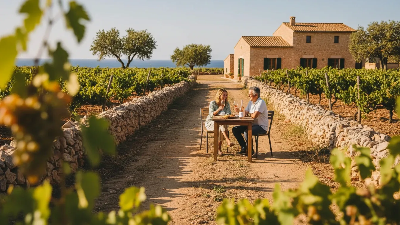 Sonnendurchflutete Weinbergwege auf Mallorca, Trockenmauern und einheimische Reben nahe einem ruhigen Weingut, goldenes mediterranes Licht, warme intime Stimmung, Mandelbäume und Meeresbrise