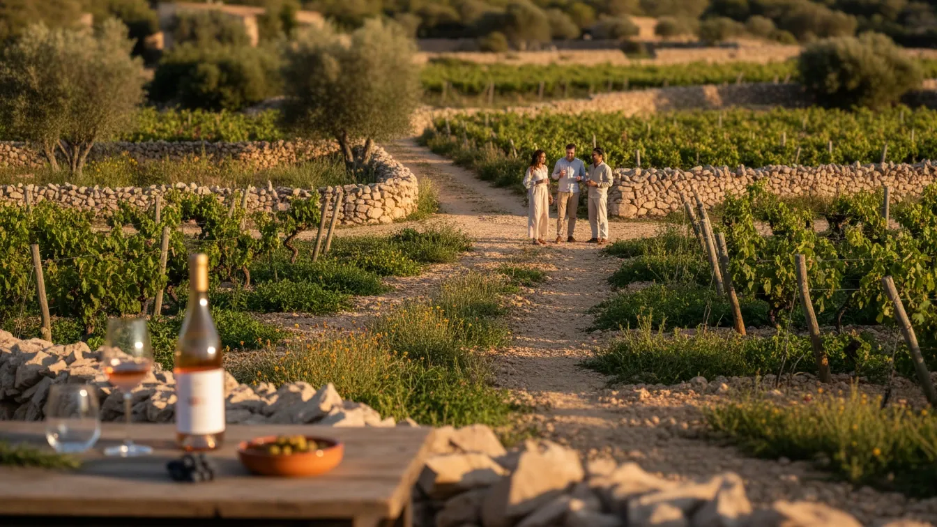 wine activities in mallorca — Sunlit vineyard paths near Porreres, limestone soil and wildflower margins, gentle afternoon light, quiet hospitality, distant stone walls and cicadas.