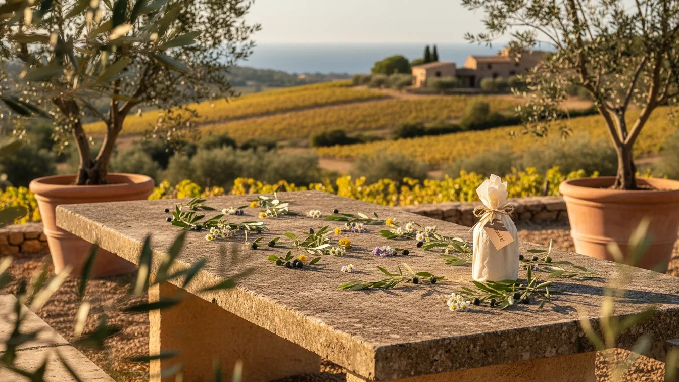 wine gift guide — Sunlit Mallorca gift-giving table, natural stone and linen, Mediterranean vineyard beyond, warm evening light, dried herbs and handwritten card, thoughtful celebratory mood