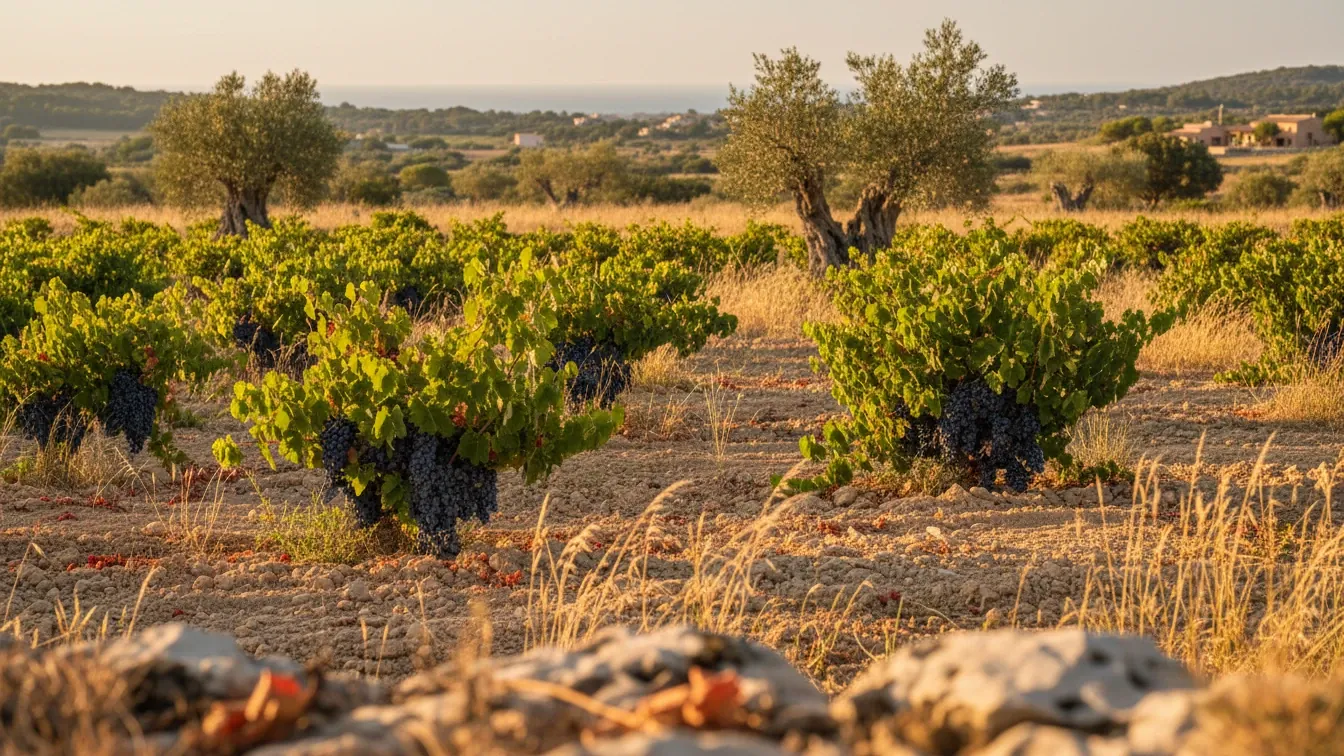 callet grape — Callet grapes on sun-warmed limestone soil in Mallorca vineyard, golden evening light, dry grasses, soft sea breeze, quiet biodynamic atmosphere.