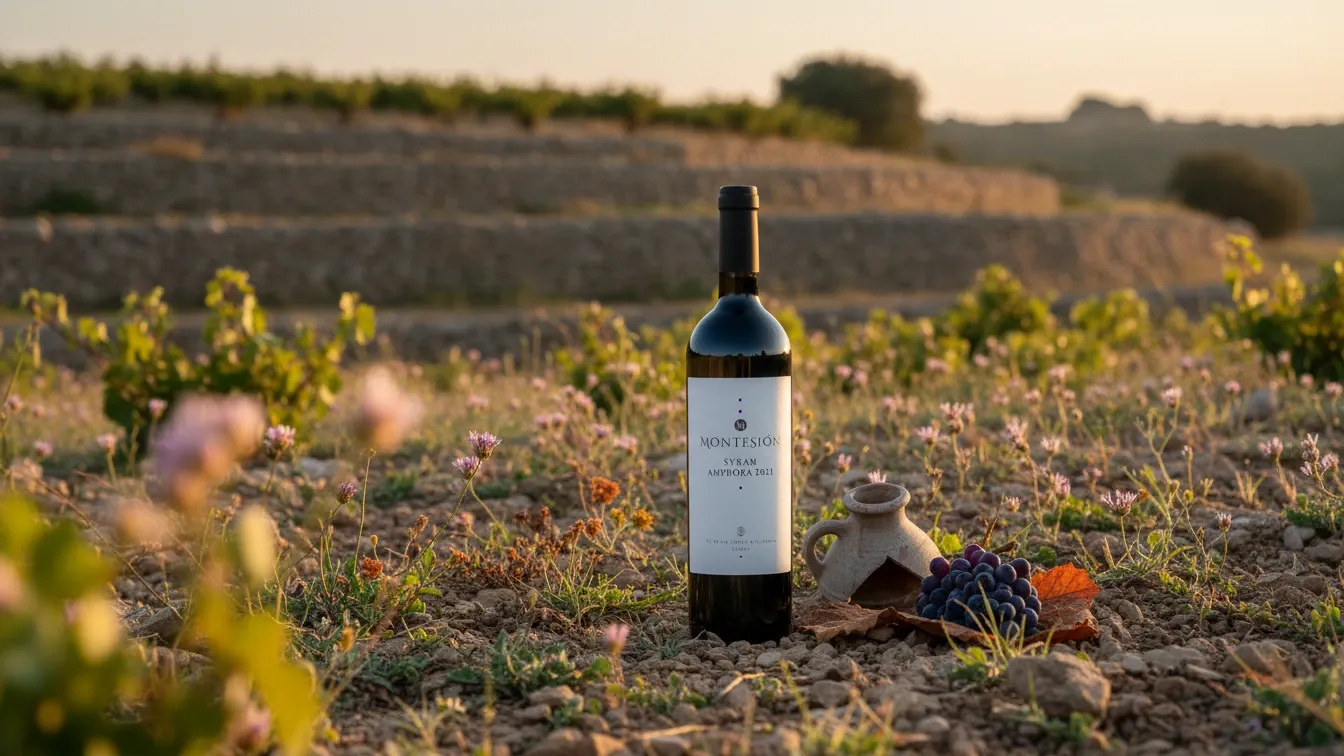 demeter wine certification — Sunlit Mallorcan vineyard soil, biodynamic habitat strips and dry-stone terraces under warm evening light, with grasses stirring and quiet verification mood.